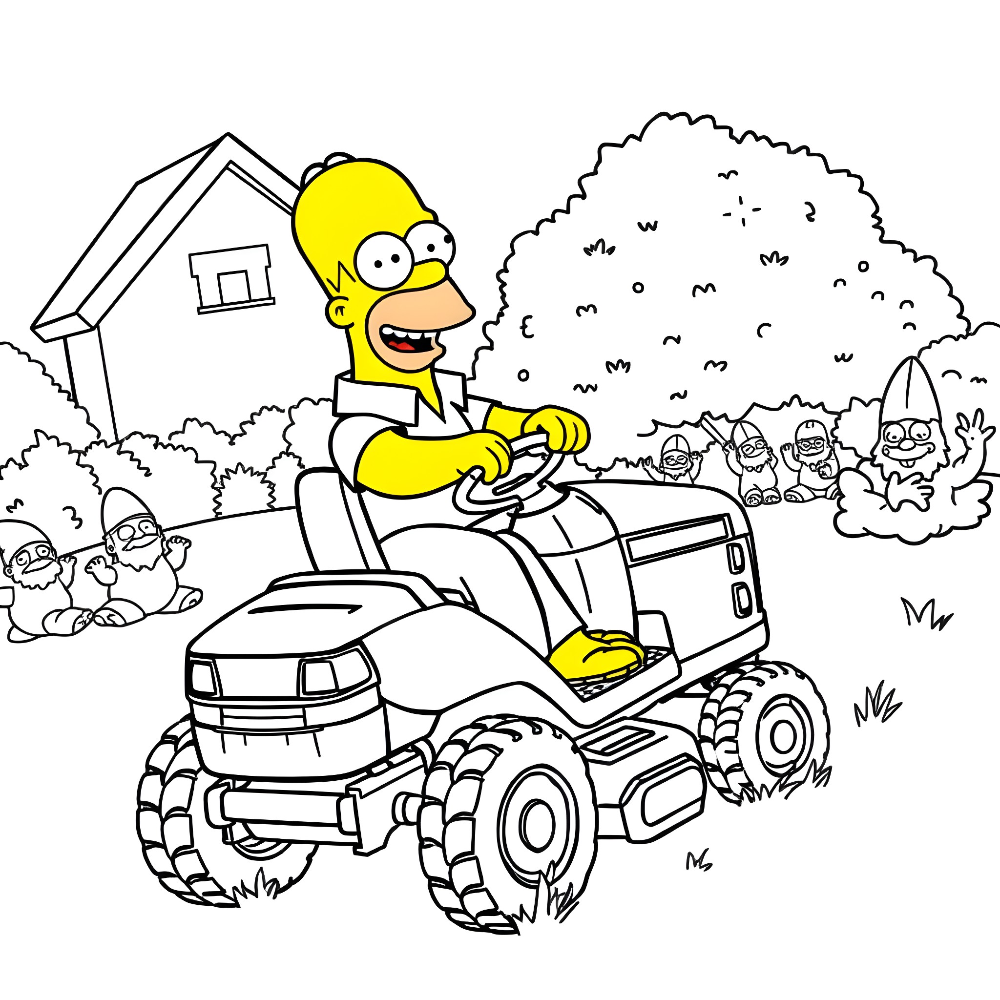 Homer Simpson driving a tractor in the yard Coloring Page (free black-and-white line drawing printable PDF for all, from beginners to advanced learners, including children, teens, adults, and seniors)