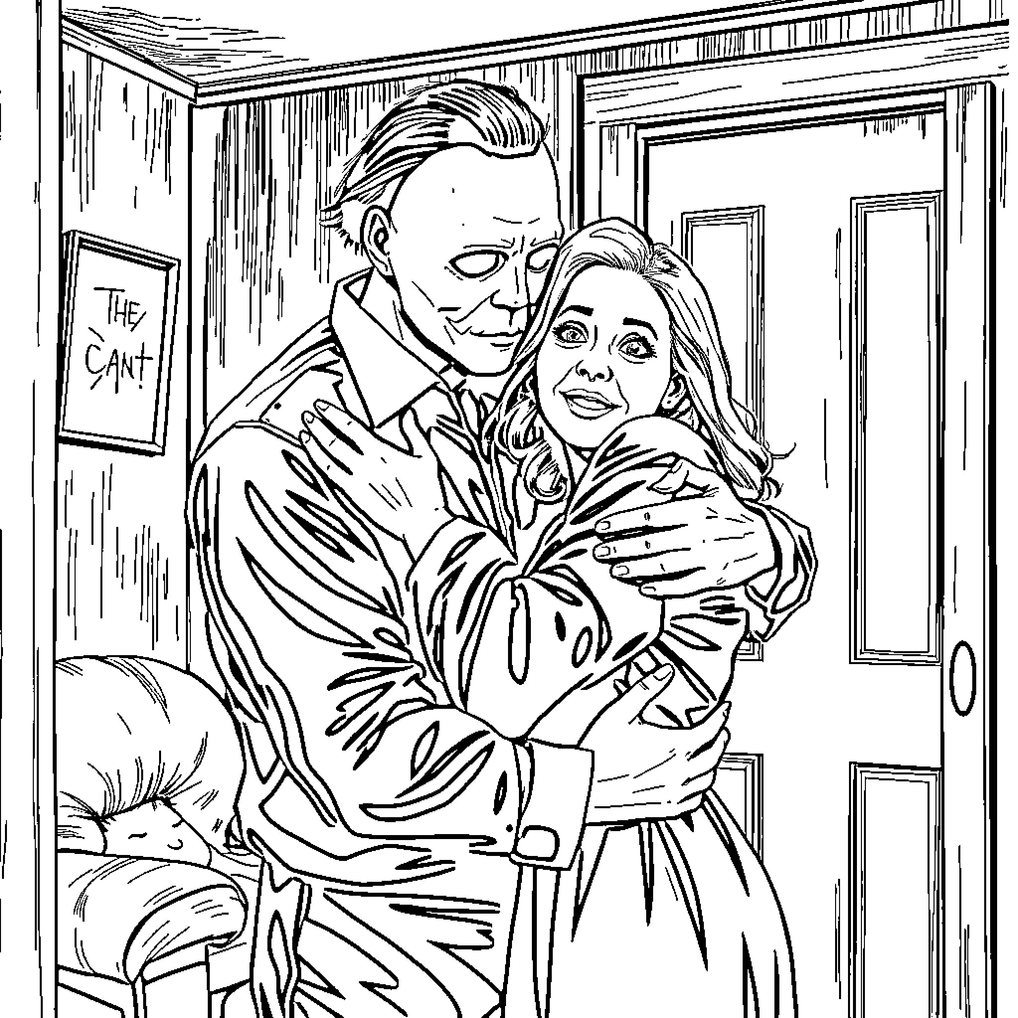 Michael Myers comforting a frightened woman in a dark room Coloring Page (free black-and-white line drawing printable PDF for all, from beginners to advanced learners, including children, teens, adults, and seniors)