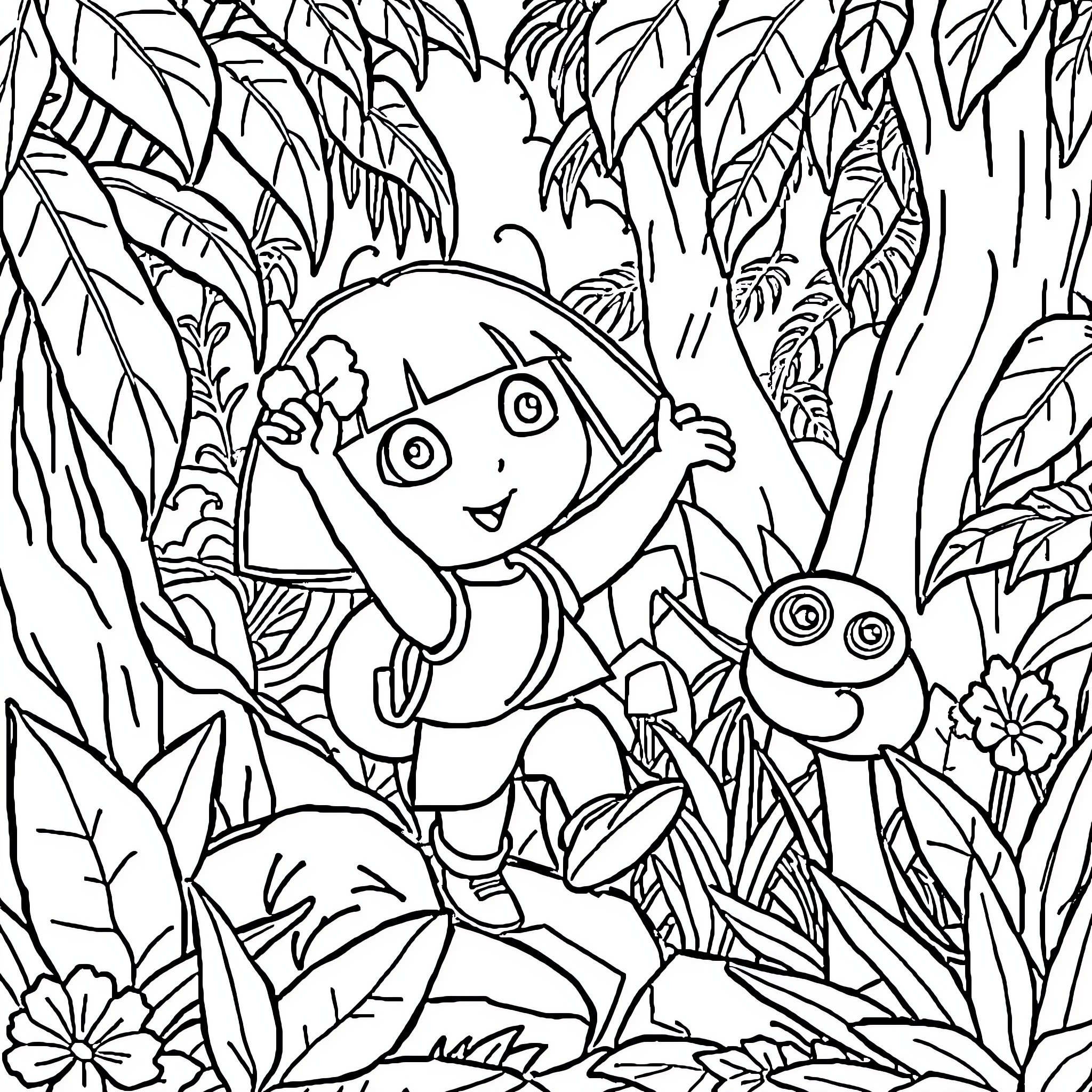 Dora exploring the jungle with Boots Coloring Page (free black-and-white line drawing printable PDF for all, from beginners to advanced learners, including children, teens, adults, and seniors)