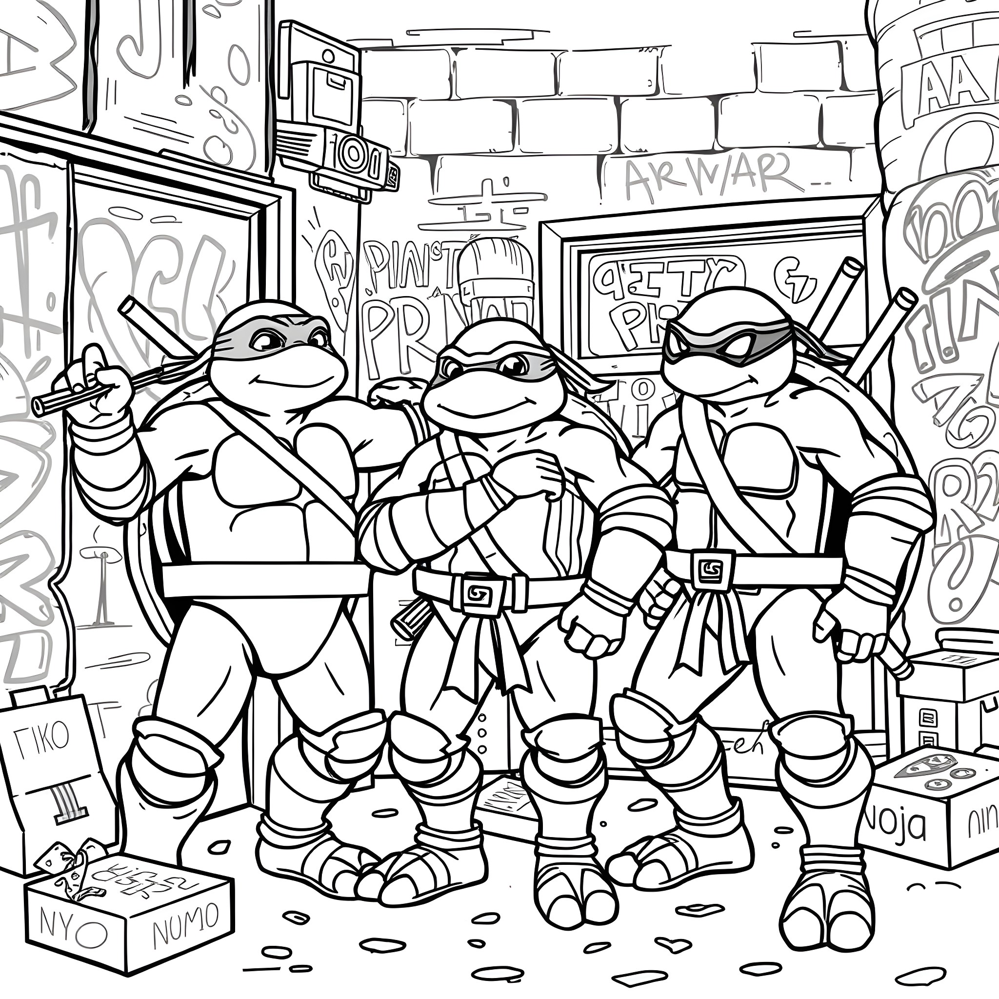 Ninja Turtle Heroes Exploring the City Streets Coloring Page (free black-and-white line drawing printable PDF for all, from beginners to advanced learners, including children, teens, adults, and seniors)
