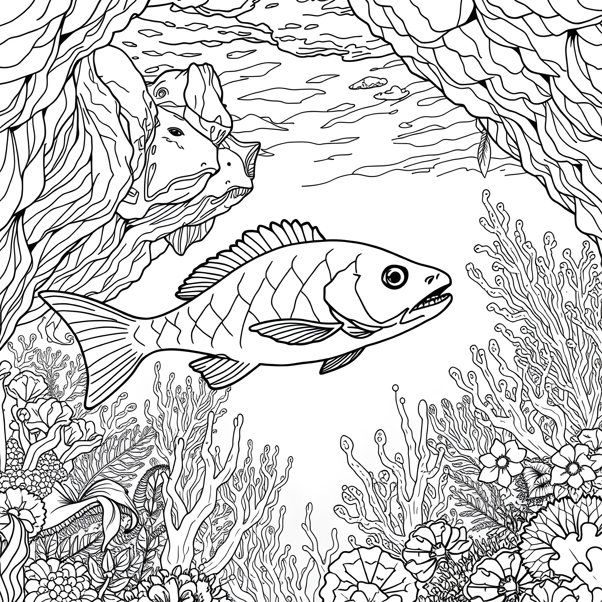 Fish swimming through the coral reef Coloring Page (free black-and-white line drawing printable PDF for all, from beginners to advanced learners, including children, teens, adults, and seniors)