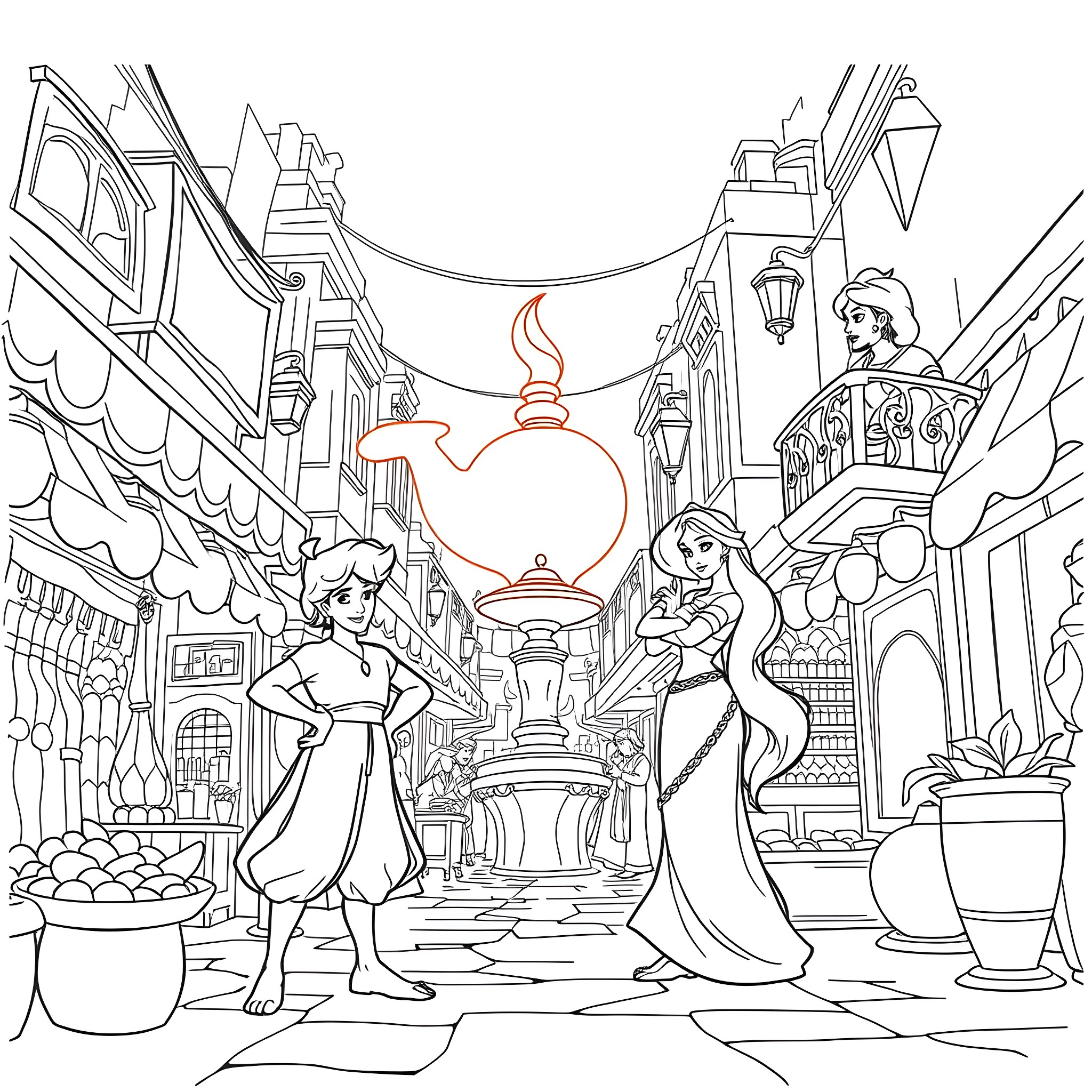 Aladdin and Jasmine in a bustling Arabian market Coloring Page (free black-and-white line drawing printable PDF for all, from beginners to advanced learners, including children, teens, adults, and seniors)