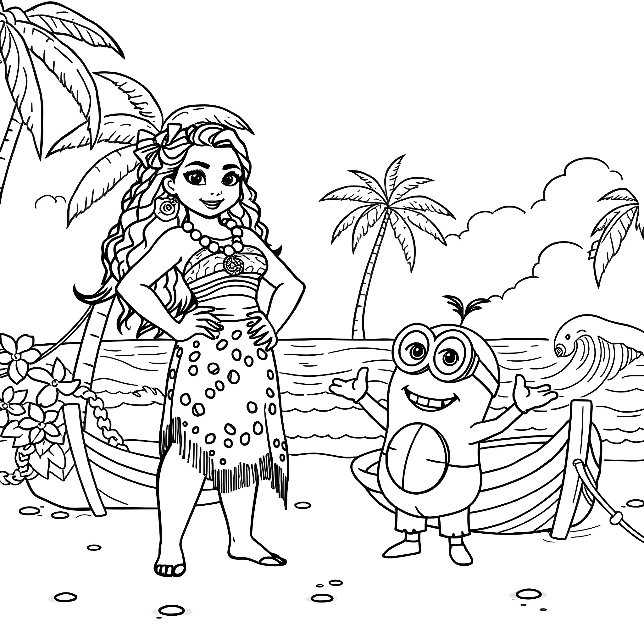 Moana and her friends on a tropical beach Coloring Page (free black-and-white line drawing printable PDF for all, from beginners to advanced learners, including children, teens, adults, and seniors)