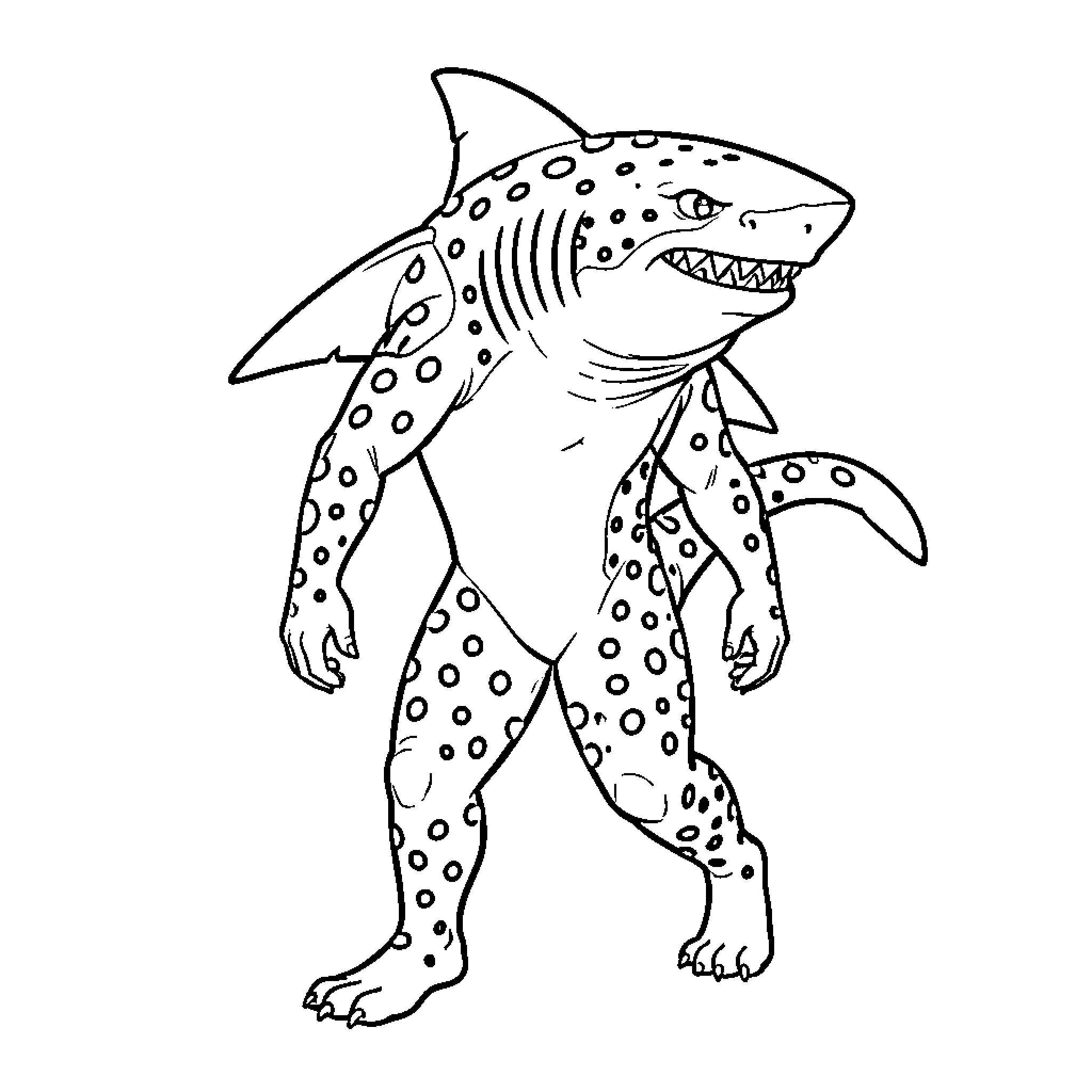 Shark Cheetah Hybrid walking with a confident expression Coloring Page (free black-and-white line drawing printable PDF for all, from beginners to advanced learners, including children, teens, adults, and seniors)