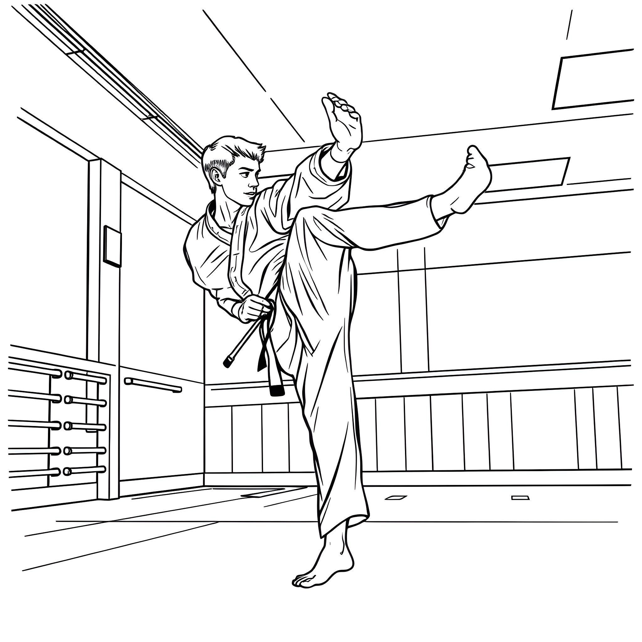 Taekwondo Instructor demonstrating moves in a training hall Coloring Page (free black-and-white line drawing printable PDF for all, from beginners to advanced learners, including children, teens, adults, and seniors)