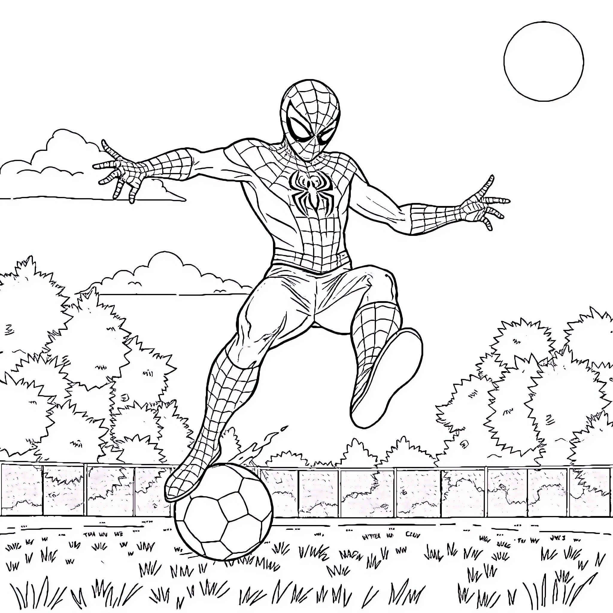 Spiderman swinging and kicking a soccer ball Coloring Page (free black-and-white line drawing printable PDF for all, from beginners to advanced learners, including children, teens, adults, and seniors)