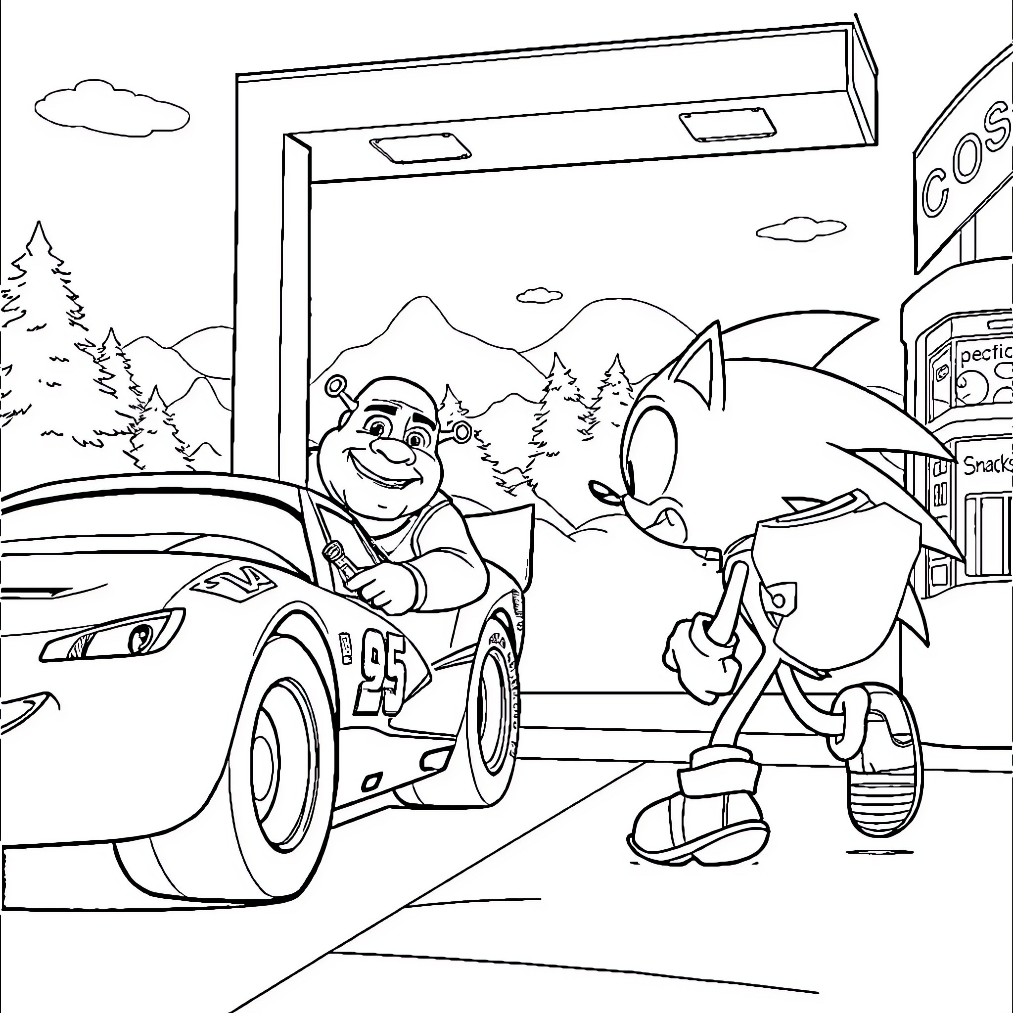 Shrek and his friends enjoying a road trip adventure Coloring Page (free black-and-white line drawing printable PDF for all, from beginners to advanced learners, including children, teens, adults, and seniors)