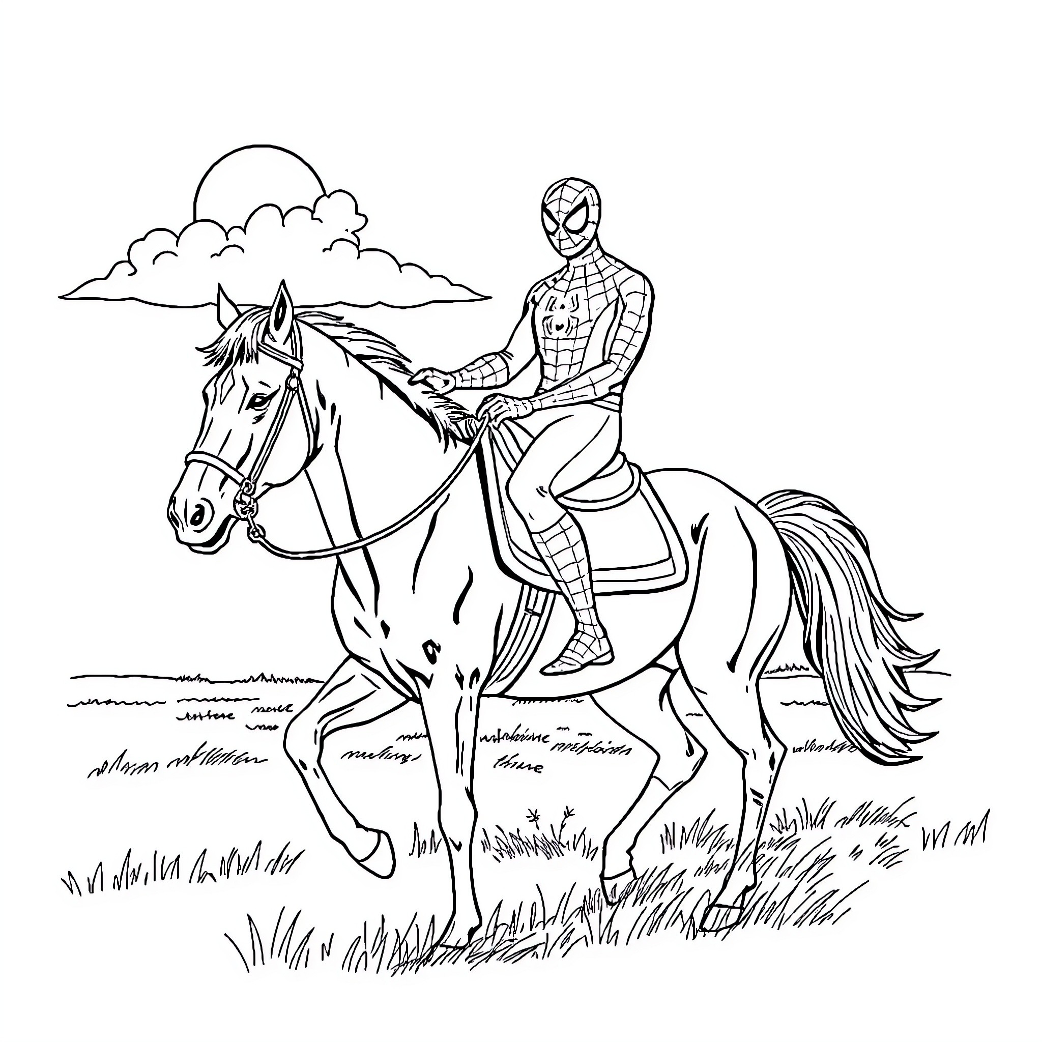 Spiderman riding a horse in the countryside Coloring Page (free black-and-white line drawing printable PDF for all, from beginners to advanced learners, including children, teens, adults, and seniors)