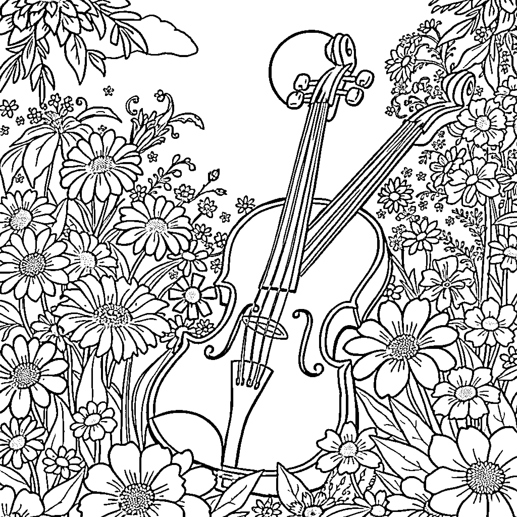 Violin amidst floral garden Coloring Page (free black-and-white line drawing printable PDF for all, from beginners to advanced learners, including children, teens, adults, and seniors)