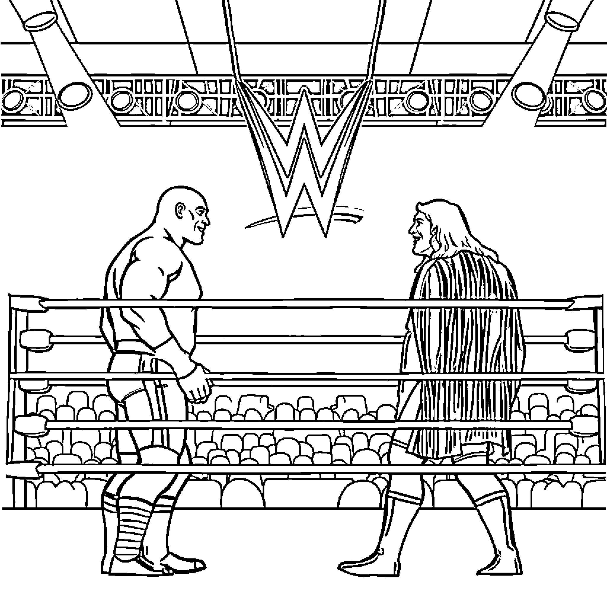Wrestling match in an arena Coloring Page (free black-and-white line drawing printable PDF for all, from beginners to advanced learners, including children, teens, adults, and seniors)