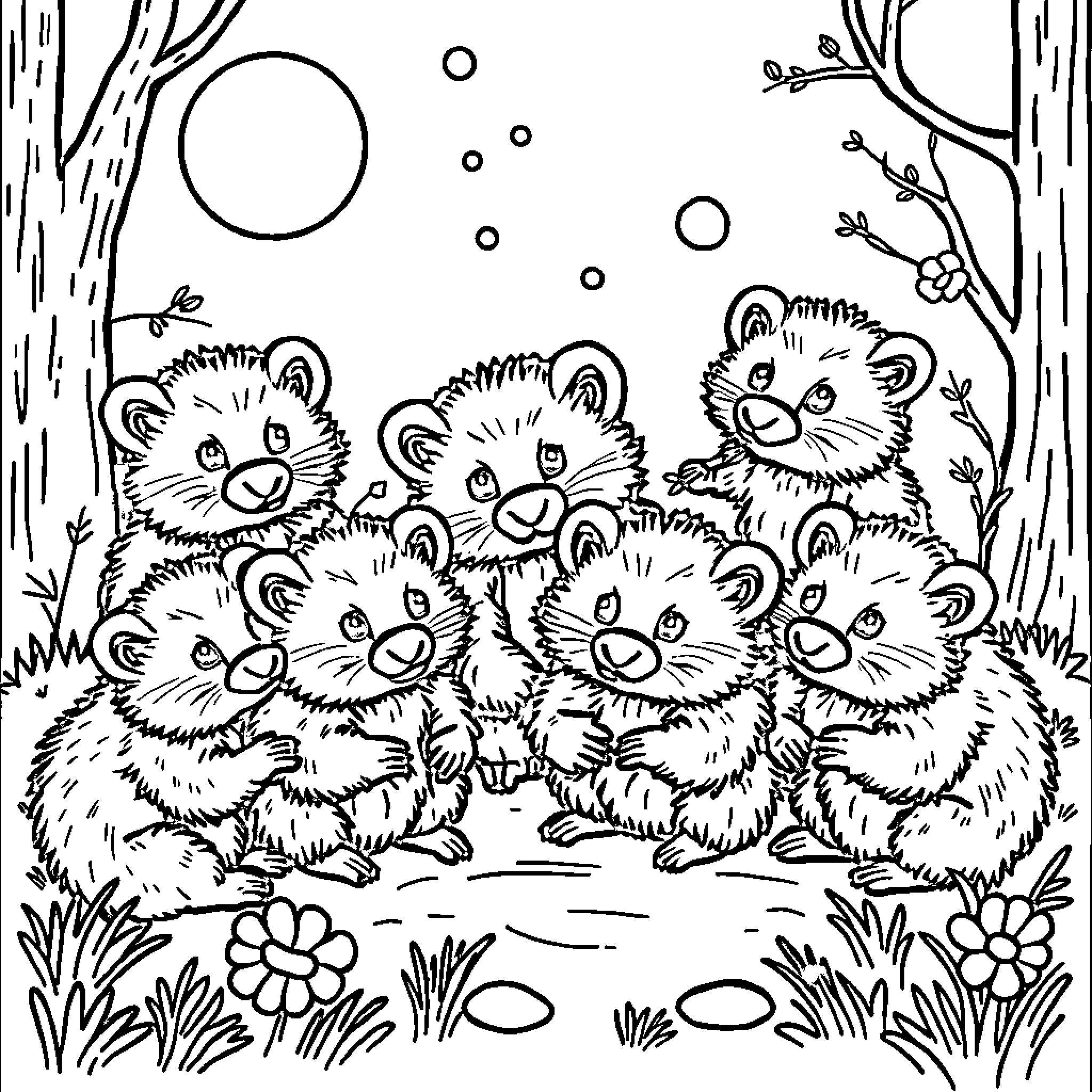 Wombats enjoying a playful gathering in the forest Coloring Page (free black-and-white line drawing printable PDF for all, from beginners to advanced learners, including children, teens, adults, and seniors)