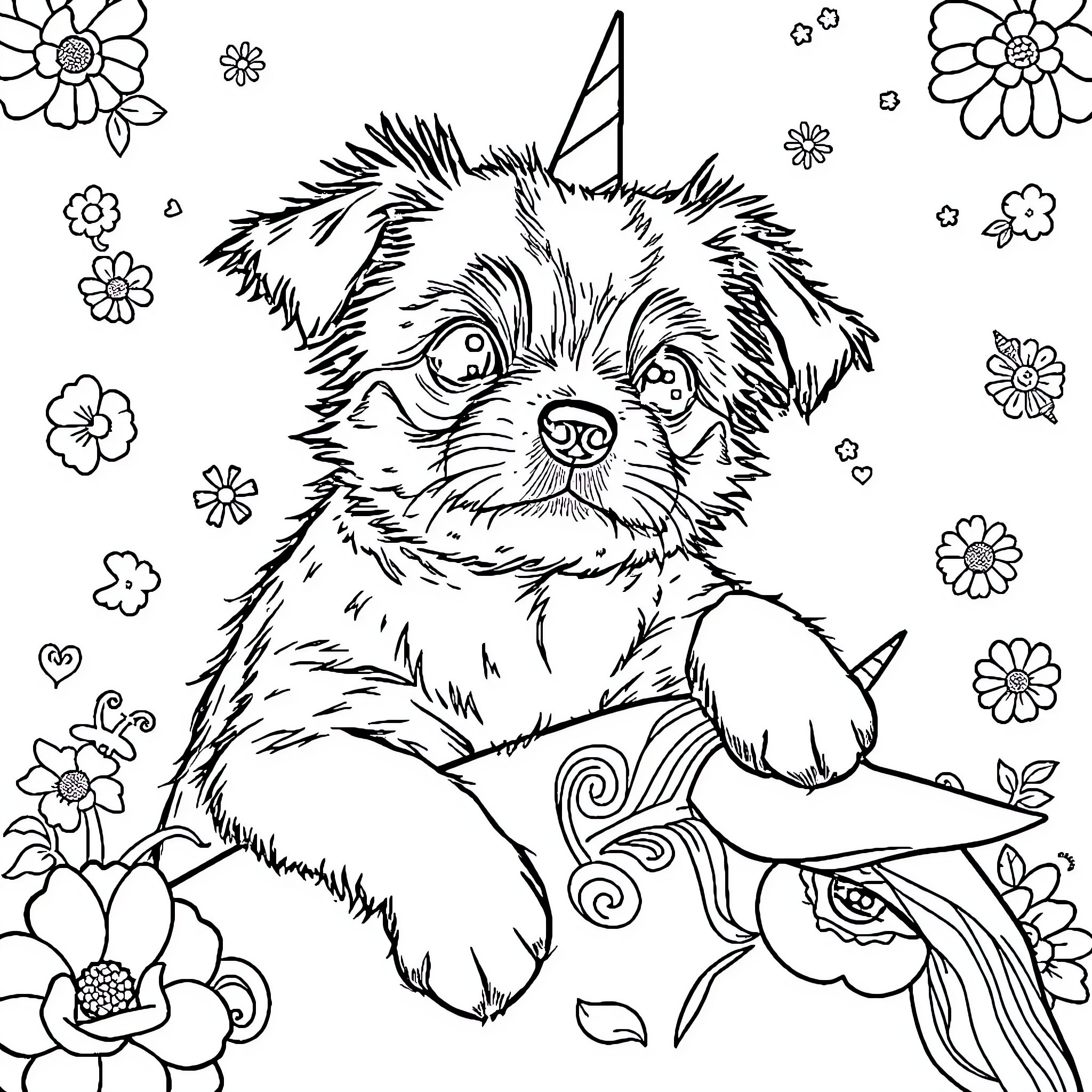 Dog playing with magical unicorn in floral garden Coloring Page (free black-and-white line drawing printable PDF for all, from beginners to advanced learners, including children, teens, adults, and seniors)