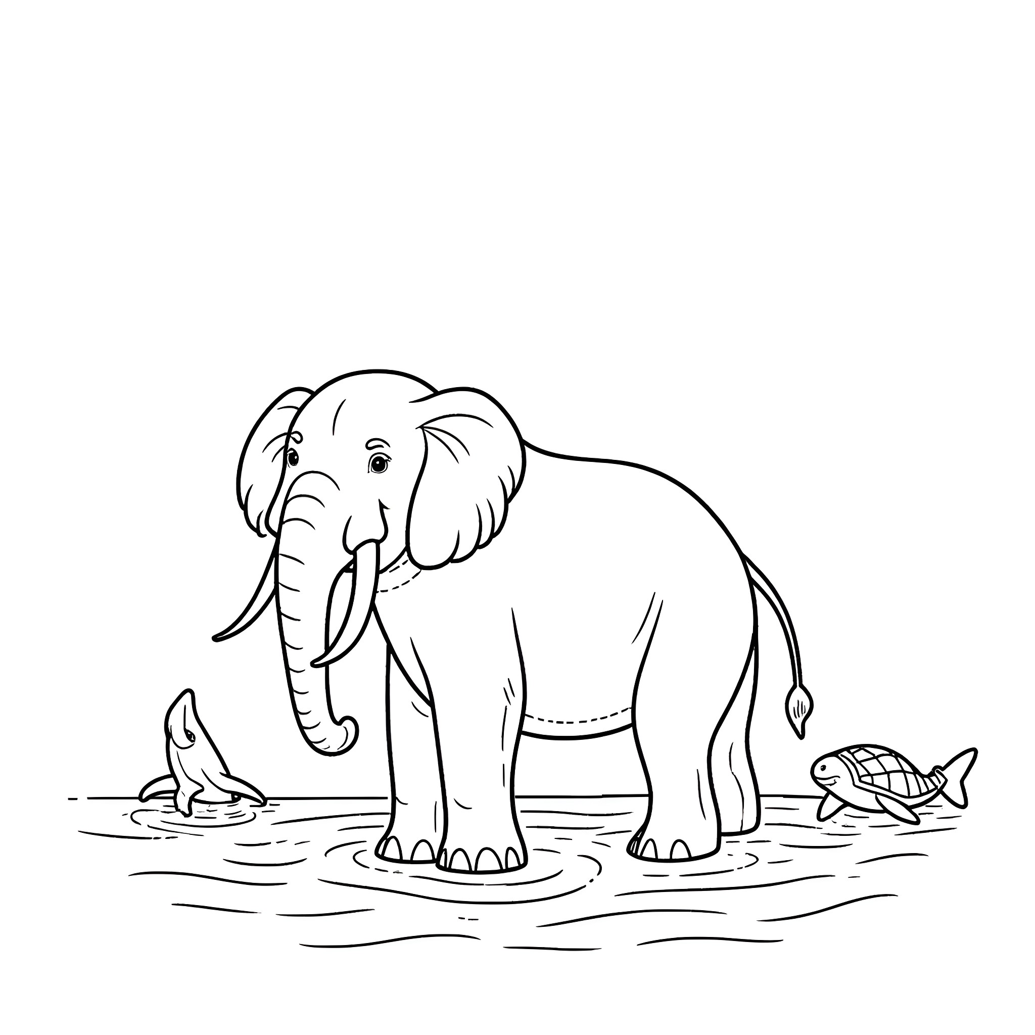 Animal playing in the water with fish Coloring Page (free black-and-white line drawing printable PDF for all, from beginners to advanced learners, including children, teens, adults, and seniors)