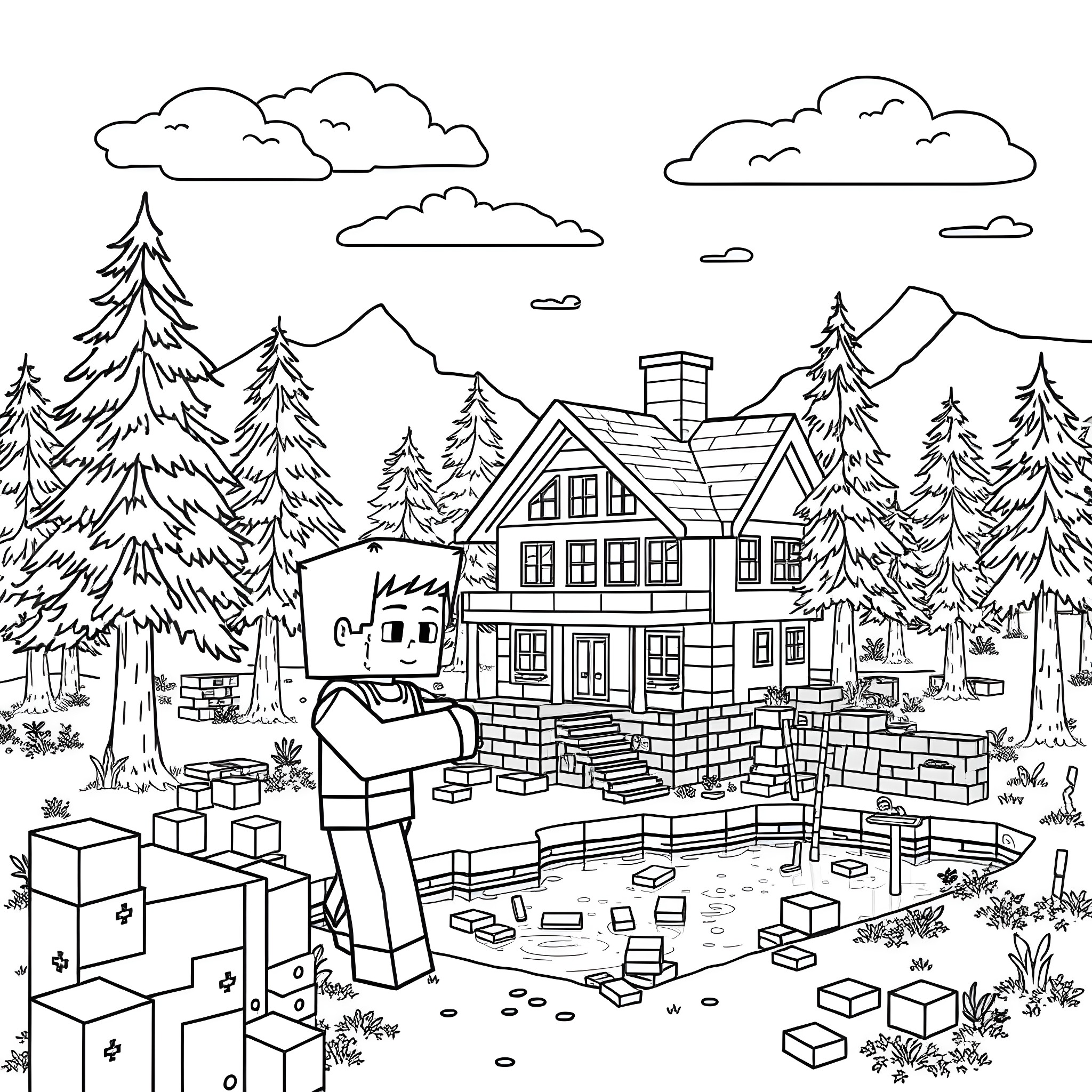 Steve's Cozy Mountain Cabin Getaway Coloring Page (free black-and-white line drawing printable PDF for all, from beginners to advanced learners, including children, teens, adults, and seniors)