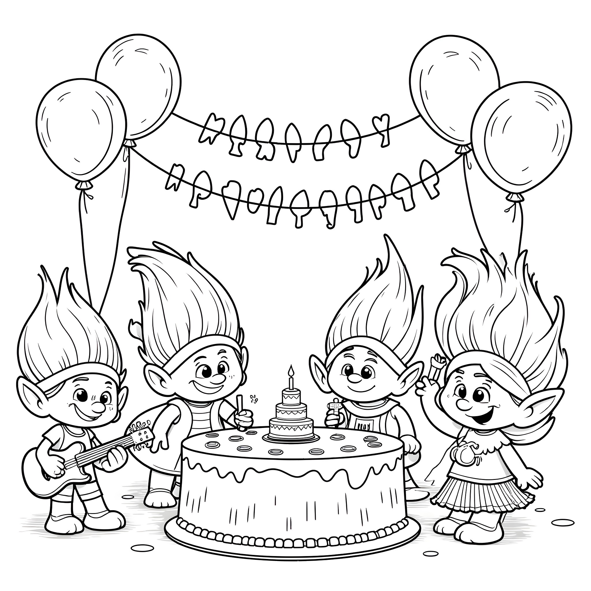 Troll characters celebrating a birthday party Coloring Page (free black-and-white line drawing printable PDF for all, from beginners to advanced learners, including children, teens, adults, and seniors)