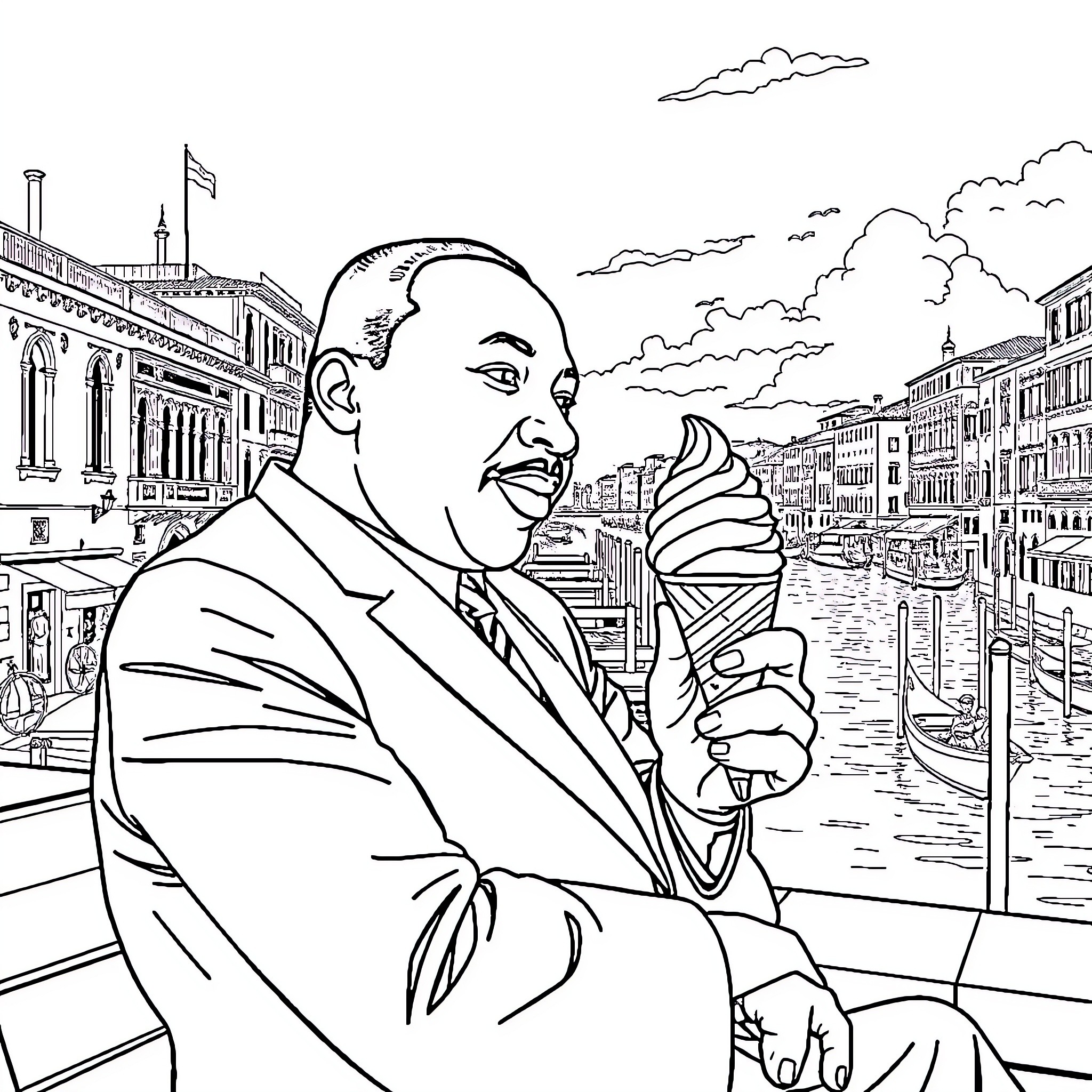 MLK Delivering Inspiring Speech in Historic City Coloring Page (free black-and-white line drawing printable PDF for all, from beginners to advanced learners, including children, teens, adults, and seniors)