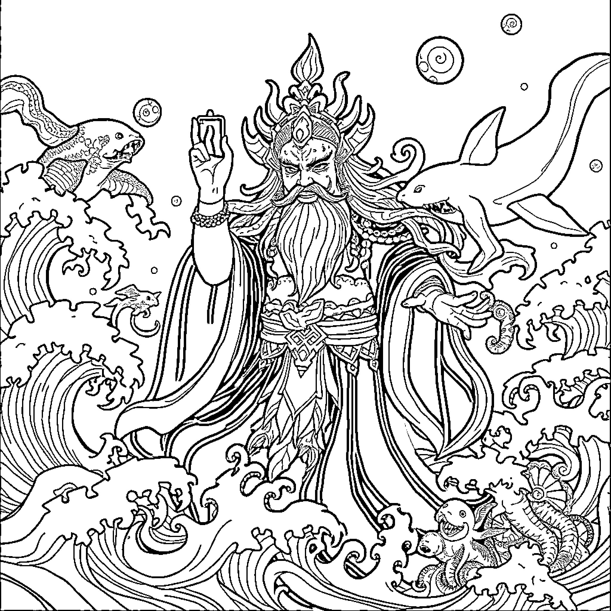 Dewa Laut performing mystical ritual in the sea Coloring Page (free black-and-white line drawing printable PDF for all, from beginners to advanced learners, including children, teens, adults, and seniors)