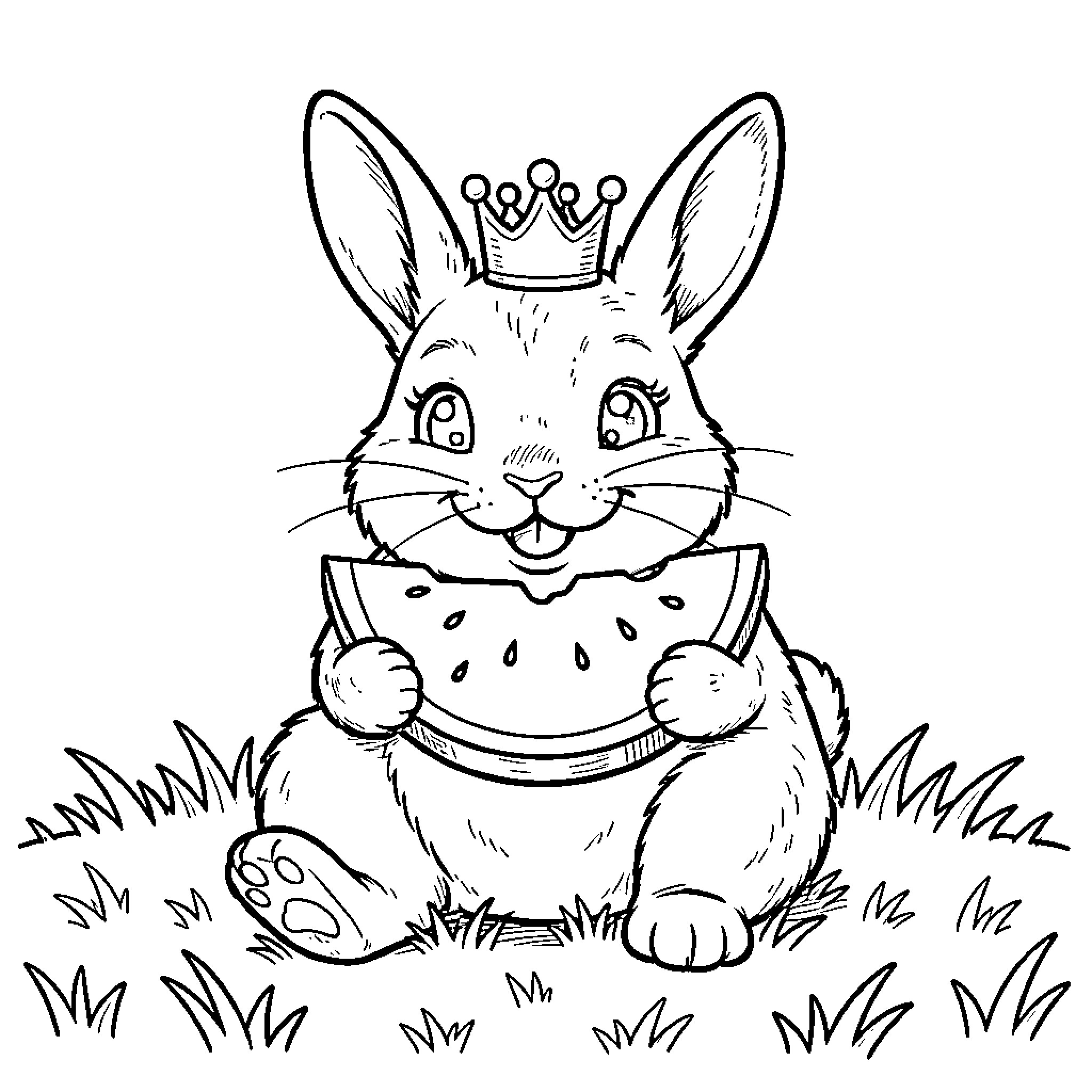 Rabbit wearing a crown and eating watermelon Coloring Page (free black-and-white line drawing printable PDF for all, from beginners to advanced learners, including children, teens, adults, and seniors)