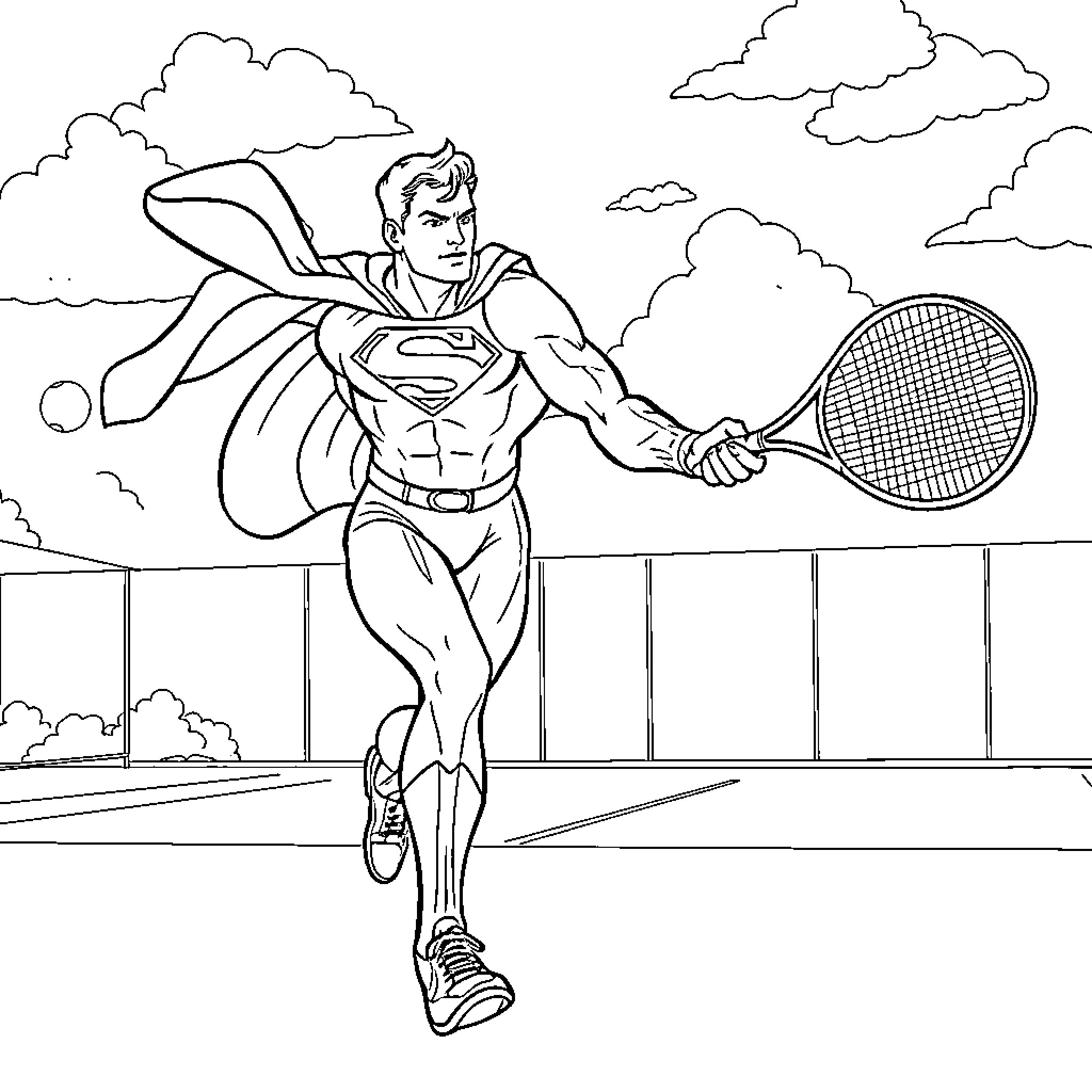 Superman playing tennis on a cloudy day Coloring Page (free black-and-white line drawing printable PDF for all, from beginners to advanced learners, including children, teens, adults, and seniors)