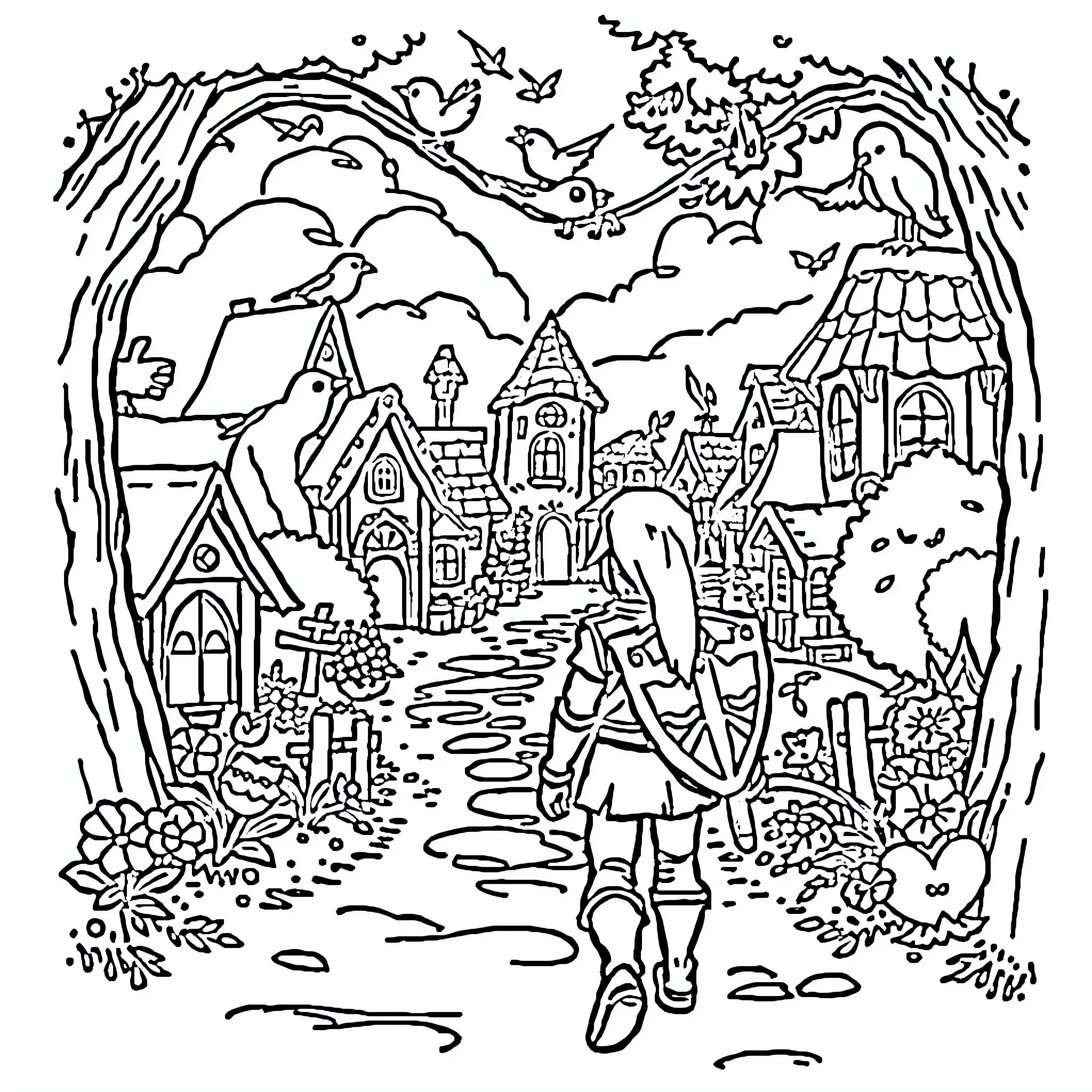 Link Explores the Whimsical Fairytale Town Coloring Page (free black-and-white line drawing printable PDF for all, from beginners to advanced learners, including children, teens, adults, and seniors)