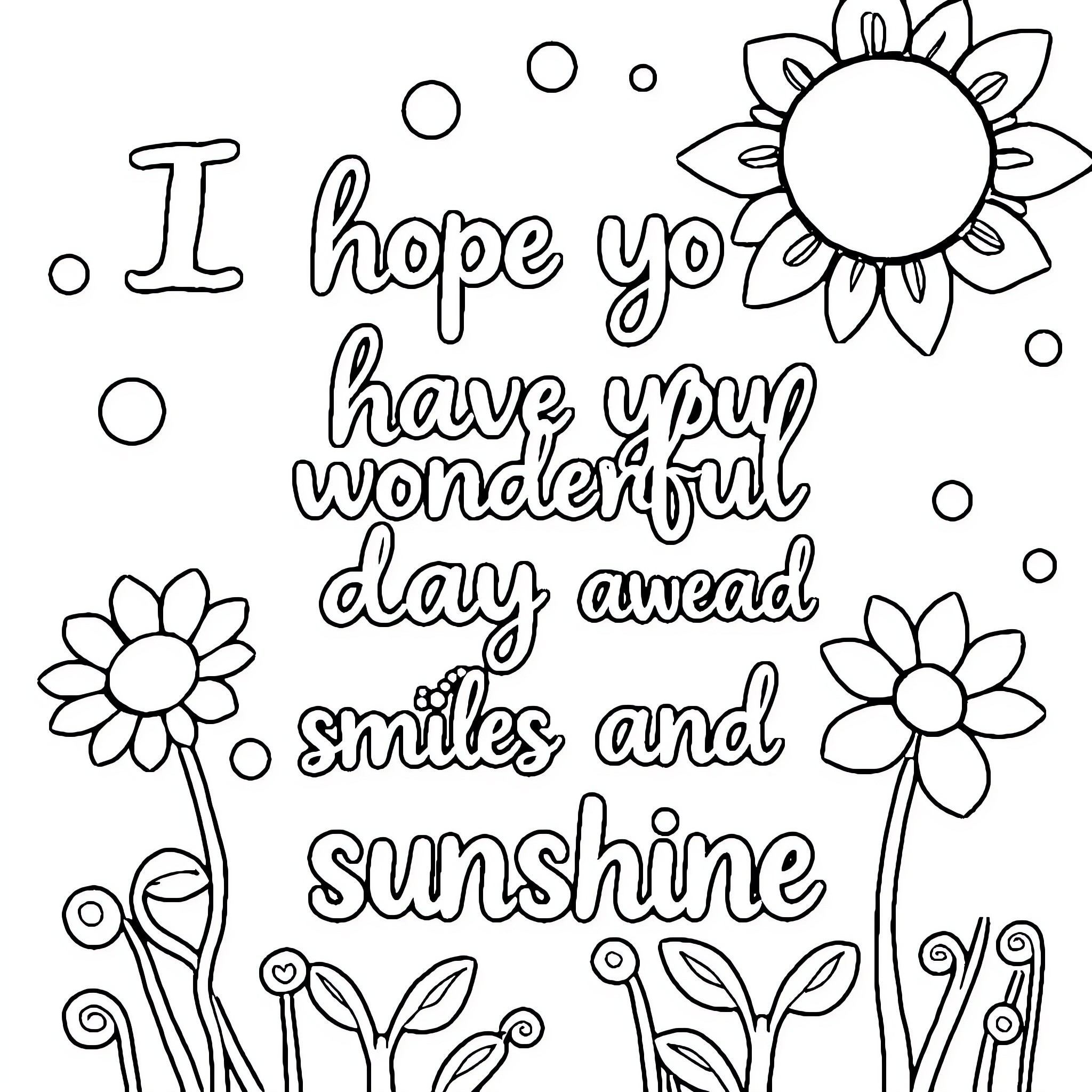 Day of Uplifting Wishes and Sunshine Coloring Page (free black-and-white line drawing printable PDF for all, from beginners to advanced learners, including children, teens, adults, and seniors)