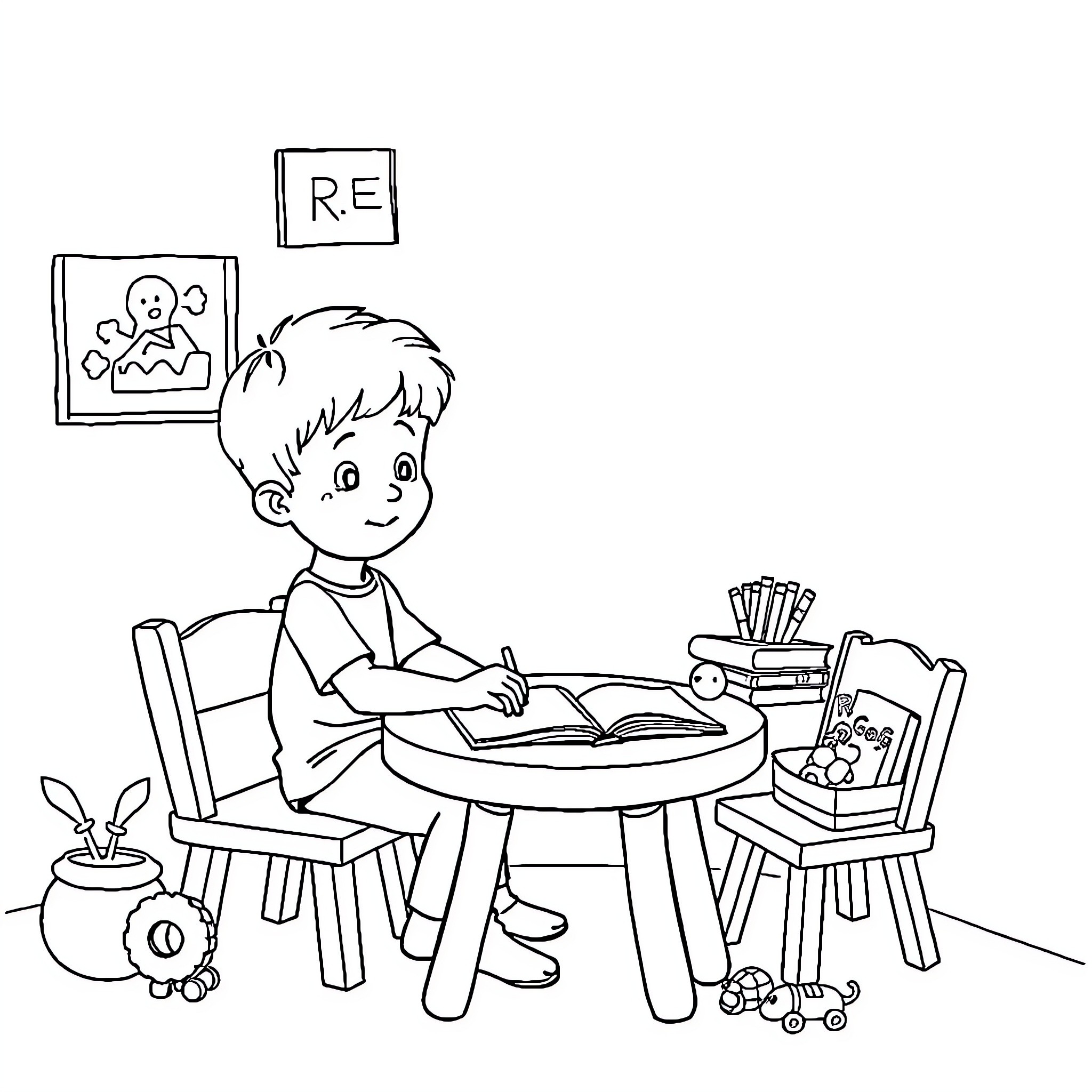 Boy studying diligently at his desk Coloring Page (free black-and-white line drawing printable PDF for all, from beginners to advanced learners, including children, teens, adults, and seniors)