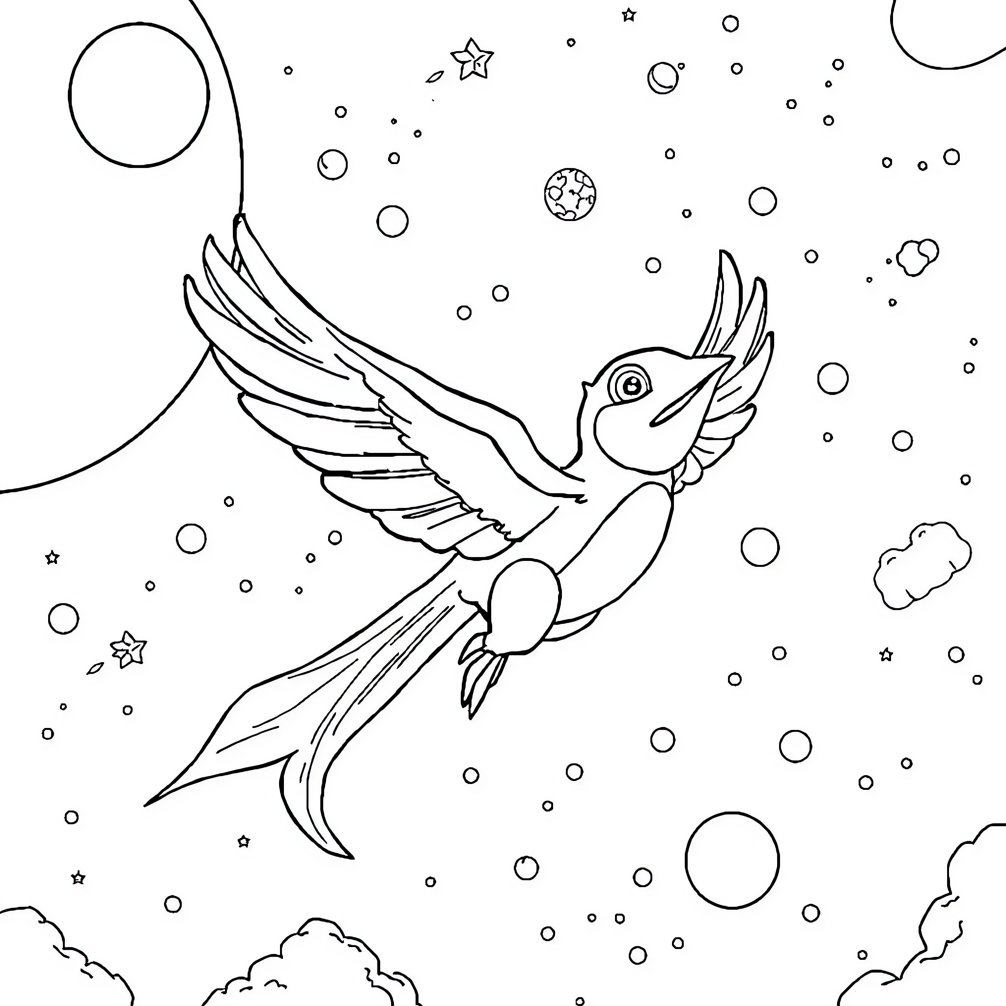Krokmou flying through the starry night sky Coloring Page (free black-and-white line drawing printable PDF for all, from beginners to advanced learners, including children, teens, adults, and seniors)