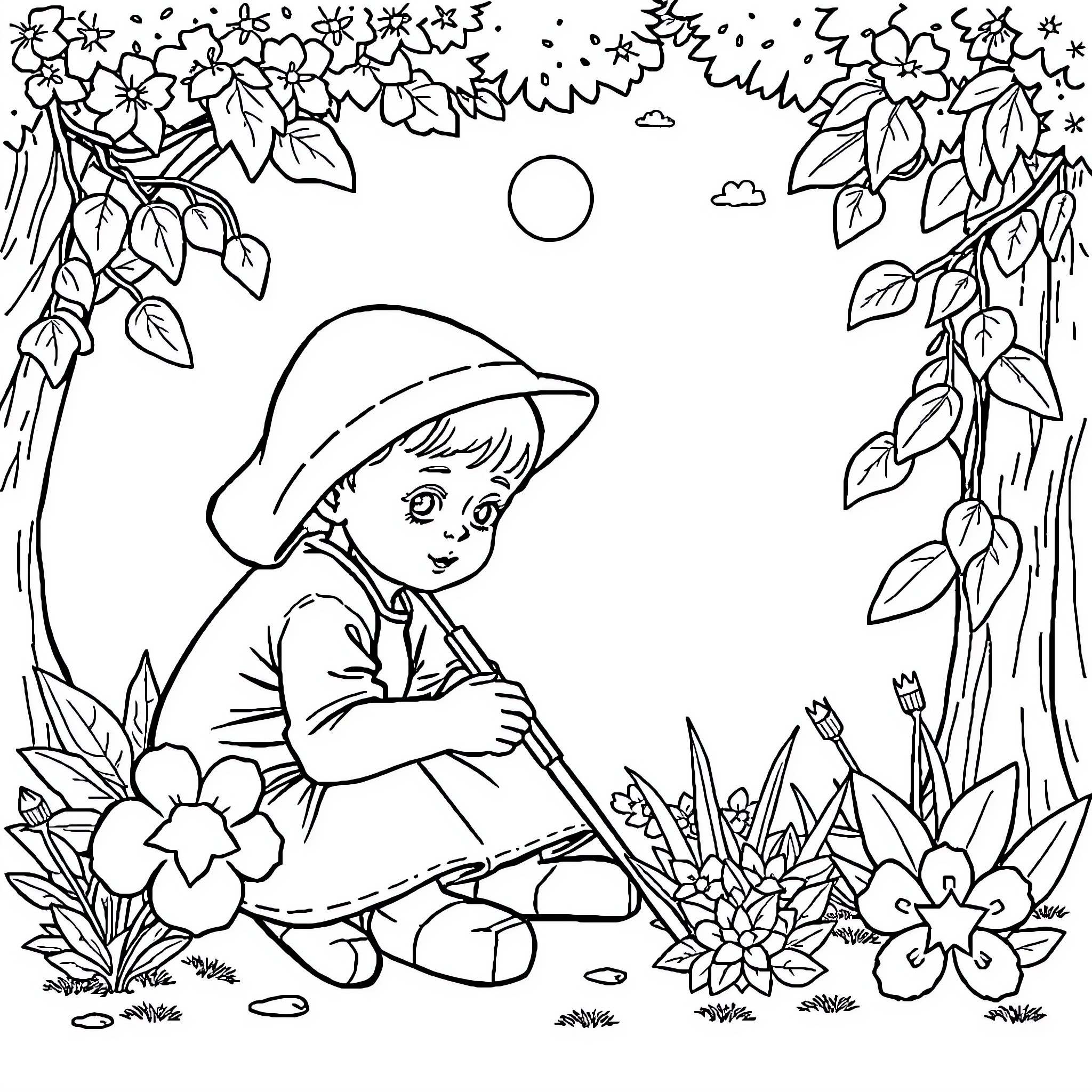 Child exploring nature amid floral surroundings Coloring Page (free black-and-white line drawing printable PDF for all, from beginners to advanced learners, including children, teens, adults, and seniors)