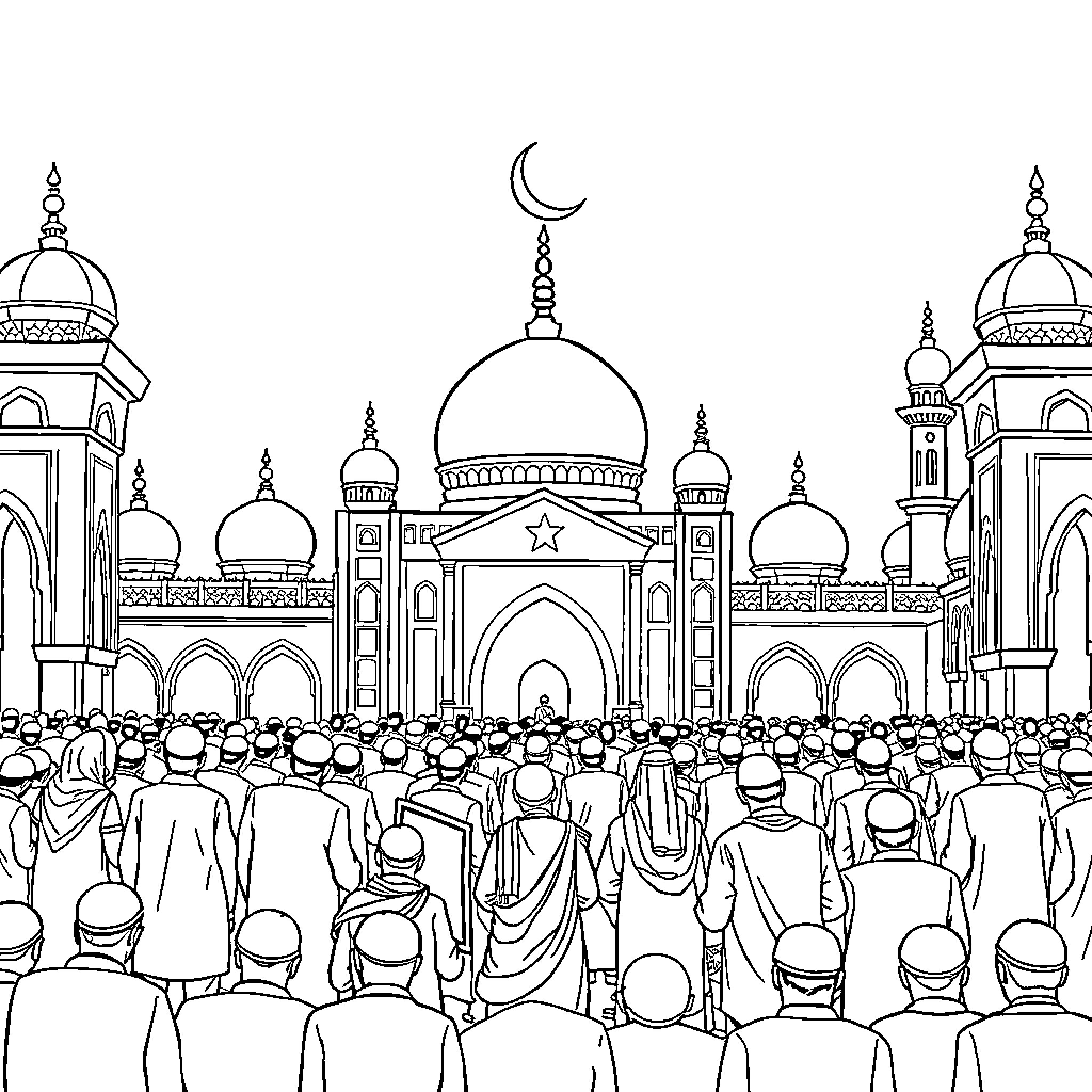 Islamic faithful gathered for prayer at mosque Coloring Page (free black-and-white line drawing printable PDF for all, from beginners to advanced learners, including children, teens, adults, and seniors)
