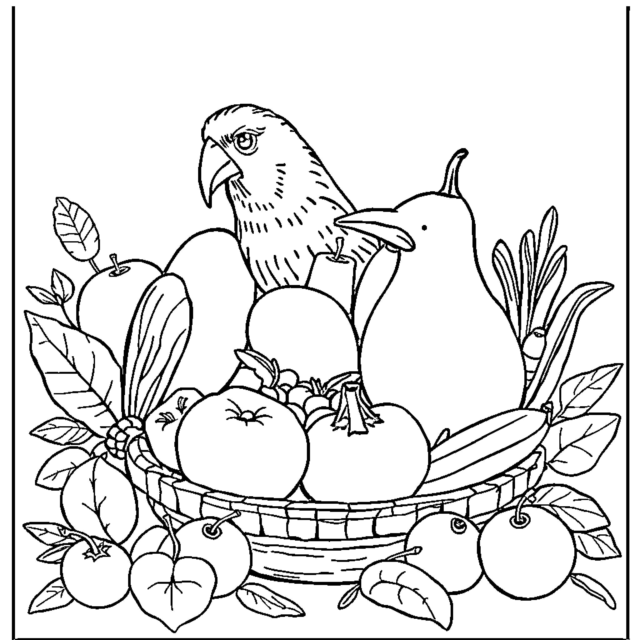 Plate of Fresh Seasonal Produce with Avian Companion Coloring Page (free black-and-white line drawing printable PDF for all, from beginners to advanced learners, including children, teens, adults, and seniors)