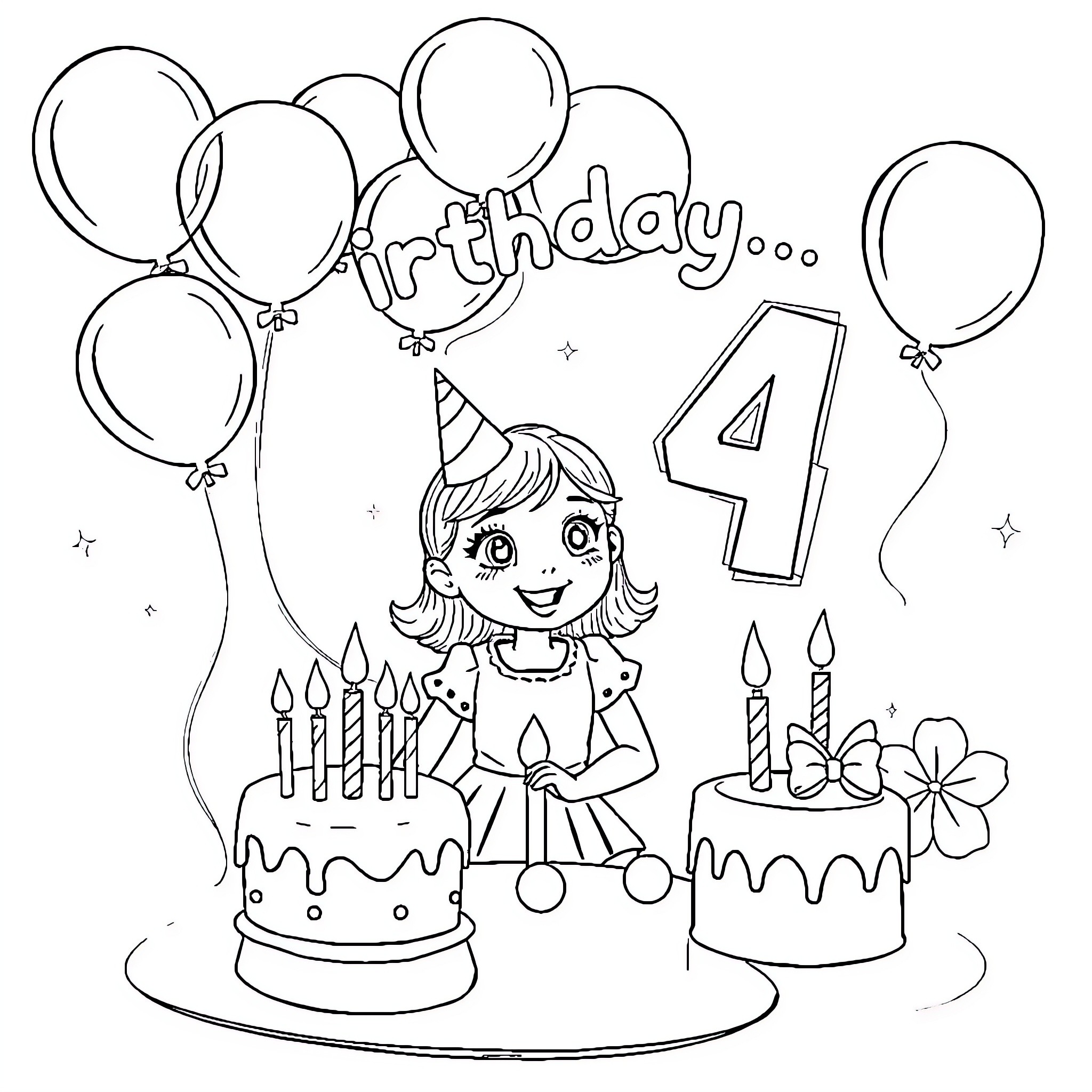 Wednesday's 4th birthday celebration with balloons and cakes Coloring Page (free black-and-white line drawing printable PDF for all, from beginners to advanced learners, including children, teens, adults, and seniors)