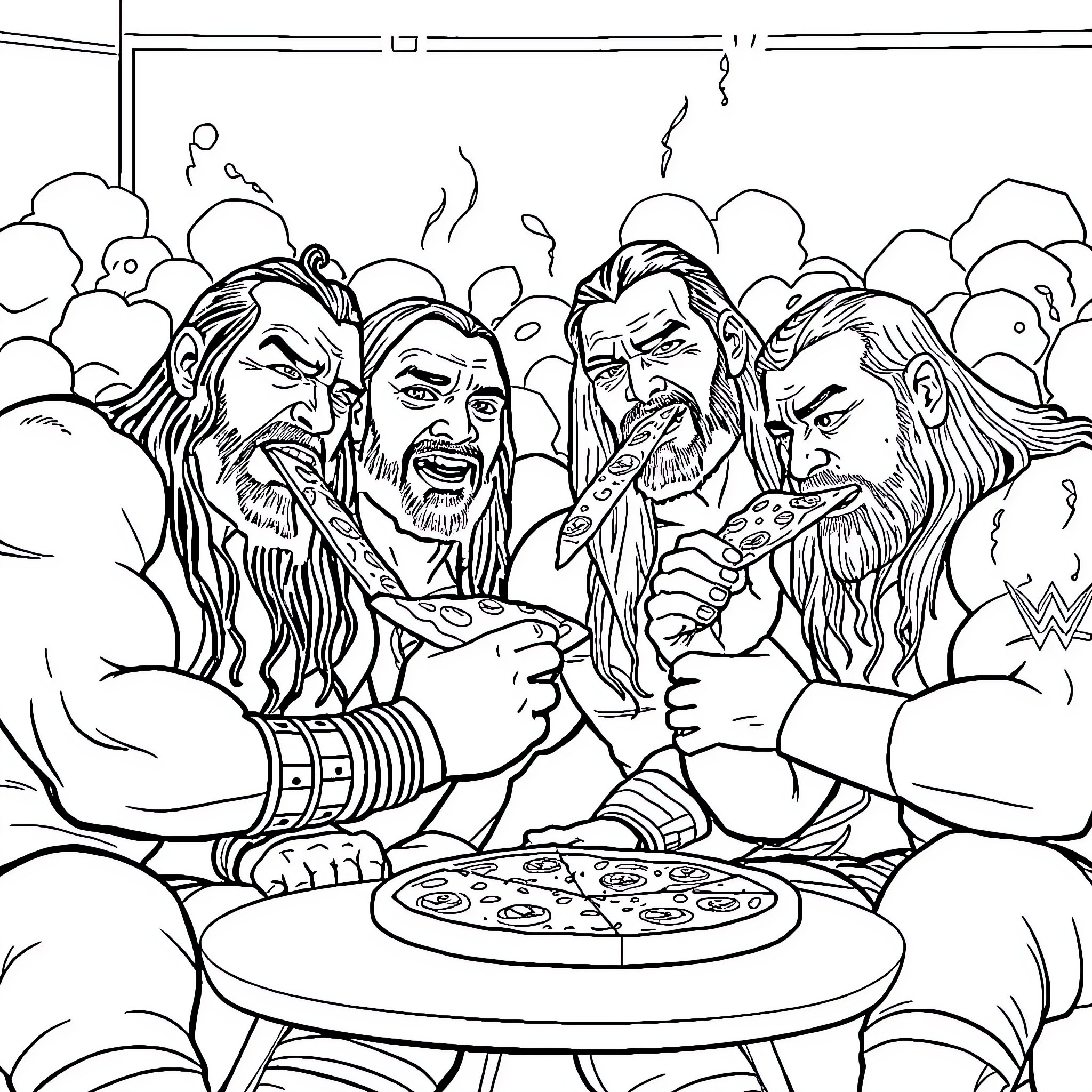 WWE Wrestlers Enjoying a Competitive Pizza Party Coloring Page (free black-and-white line drawing printable PDF for all, from beginners to advanced learners, including children, teens, adults, and seniors)