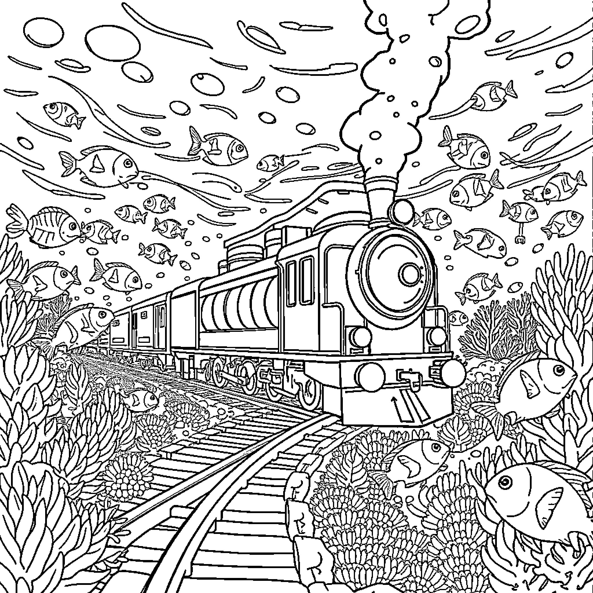 Train journeying through underwater aquatic scenery Coloring Page (free black-and-white line drawing printable PDF for all, from beginners to advanced learners, including children, teens, adults, and seniors)