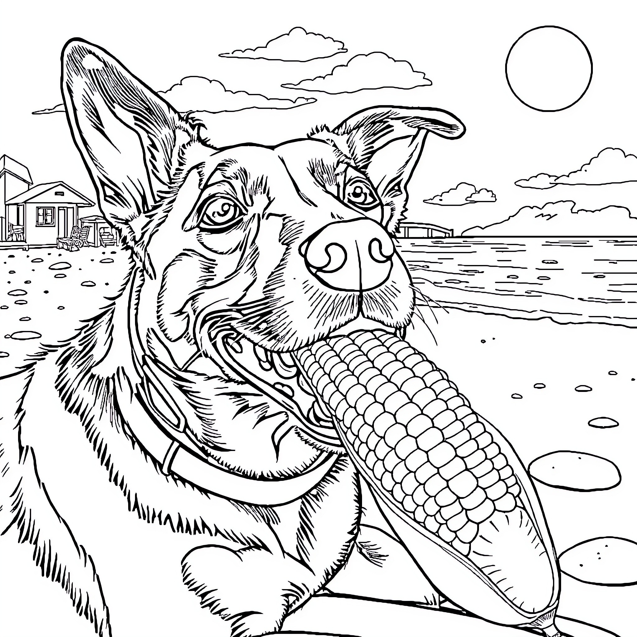 Dog enjoying a corn cob on the beach Coloring Page (free black-and-white line drawing printable PDF for all, from beginners to advanced learners, including children, teens, adults, and seniors)