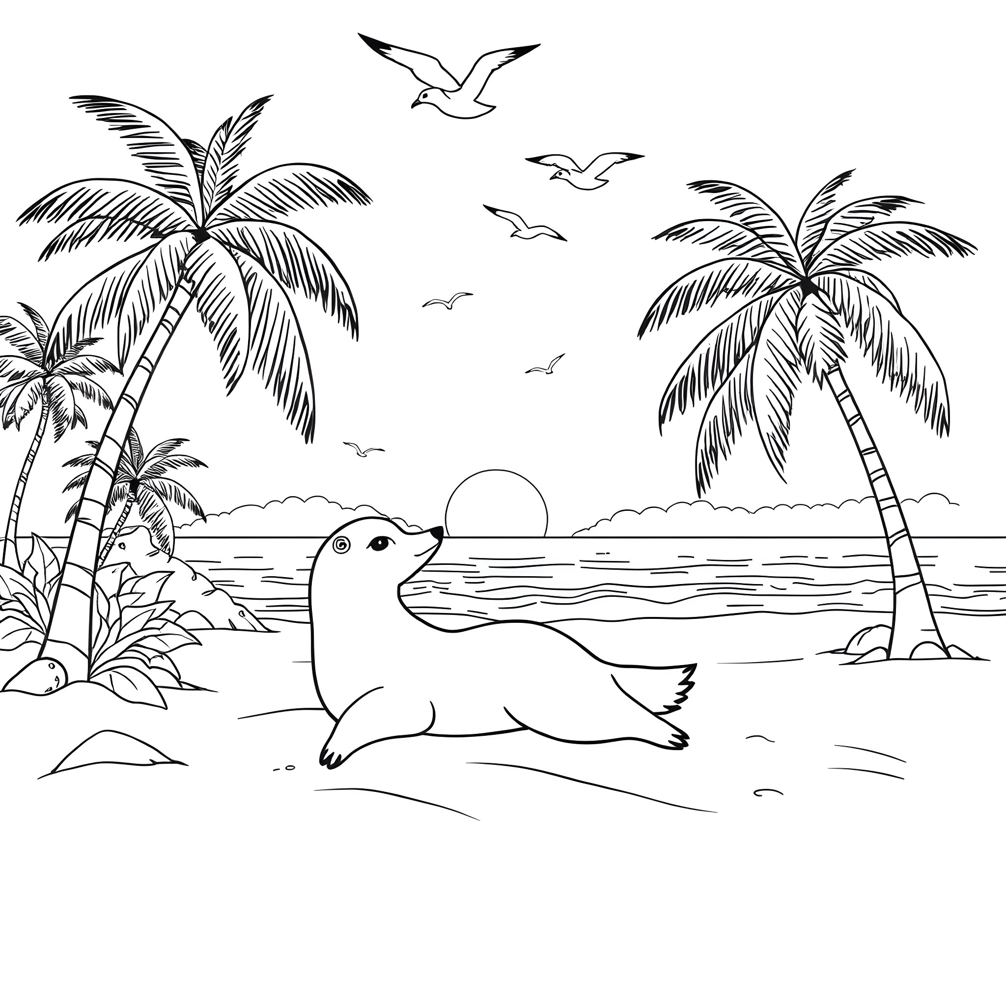 Loona enjoying a tropical beach paradise Coloring Page (free black-and-white line drawing printable PDF for all, from beginners to advanced learners, including children, teens, adults, and seniors)