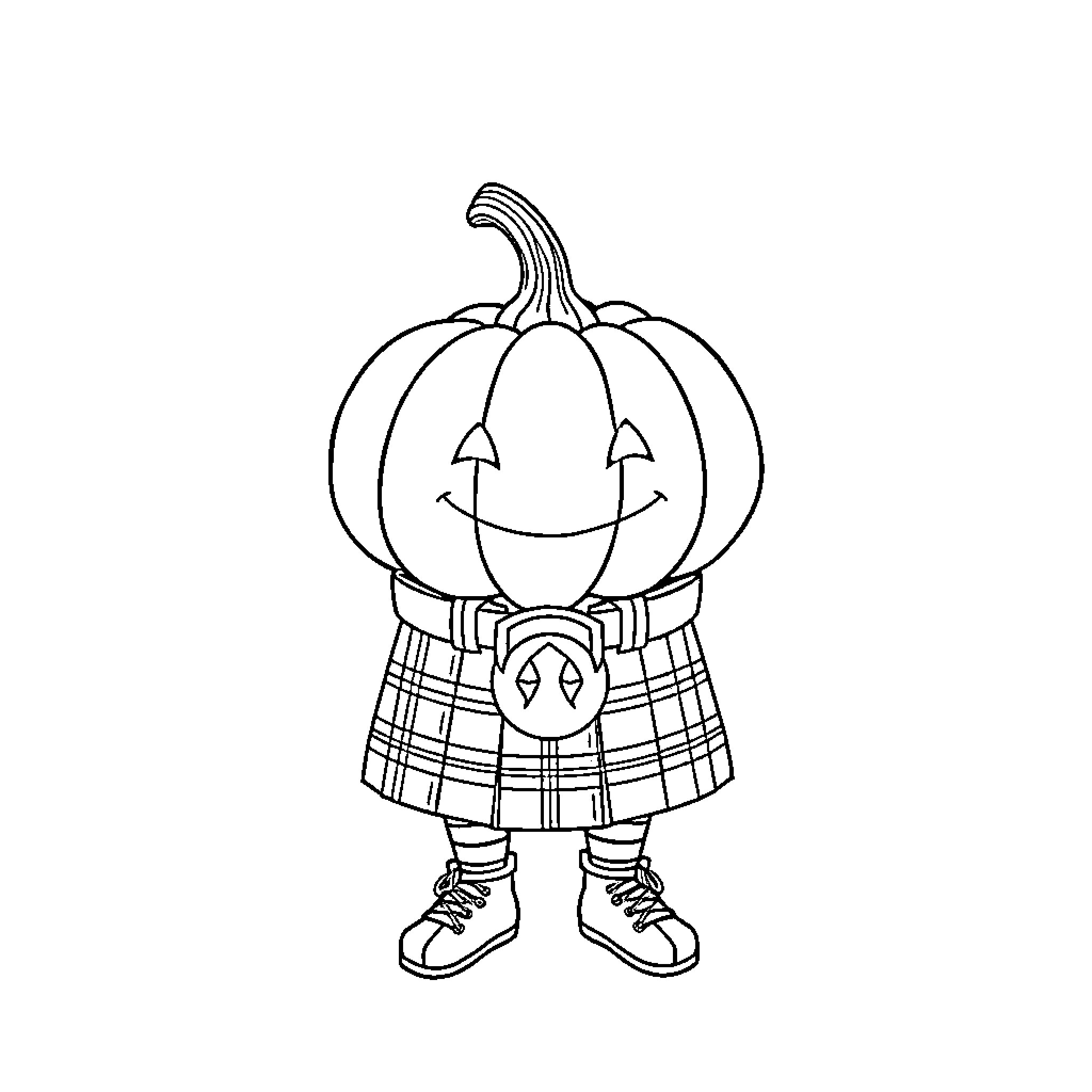 Pumpkin wearing plaid outfit and smiling Coloring Page (free black-and-white line drawing printable PDF for all, from beginners to advanced learners, including children, teens, adults, and seniors)