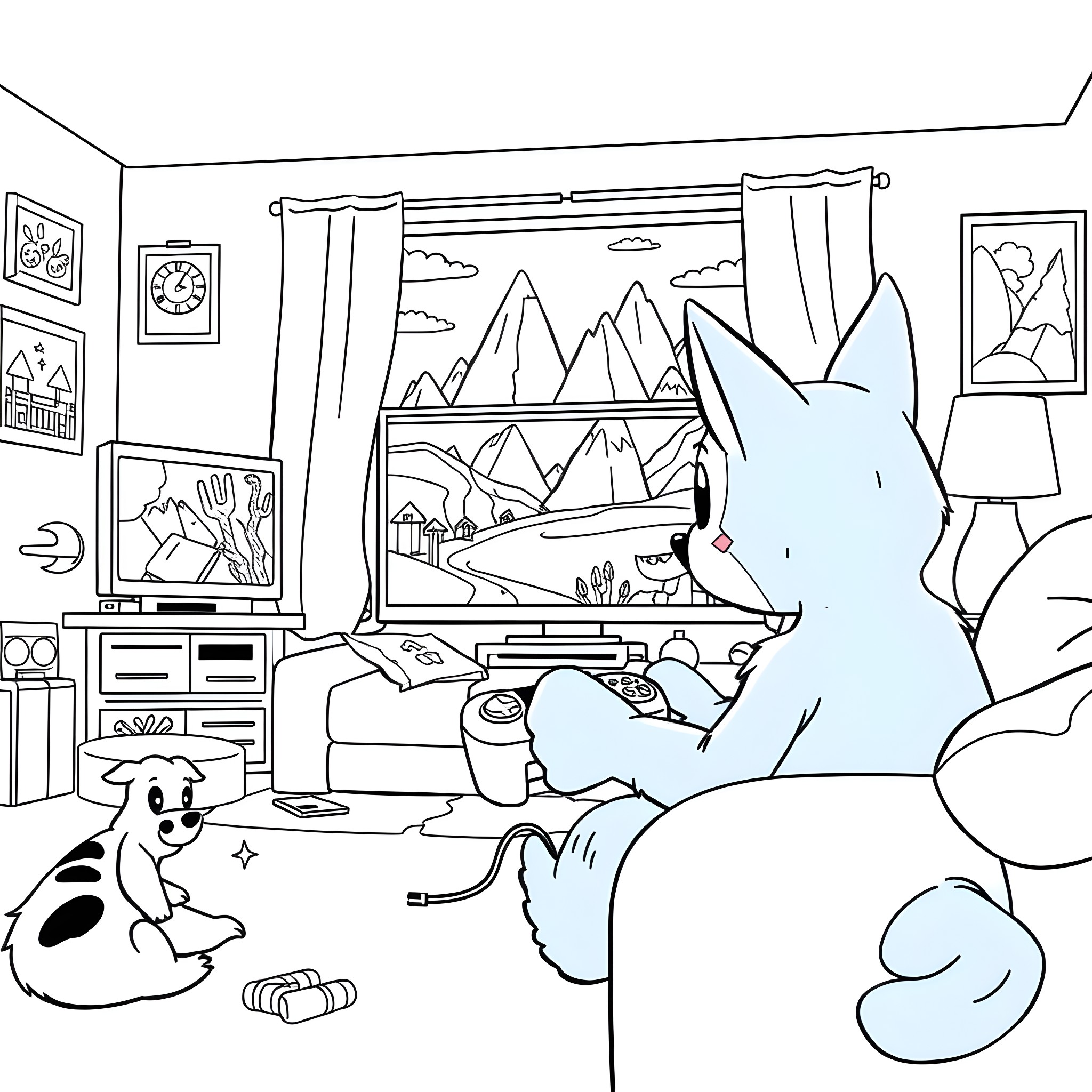 Bluey Relaxing in Cozy Home Environment Coloring Page (free black-and-white line drawing printable PDF for all, from beginners to advanced learners, including children, teens, adults, and seniors)