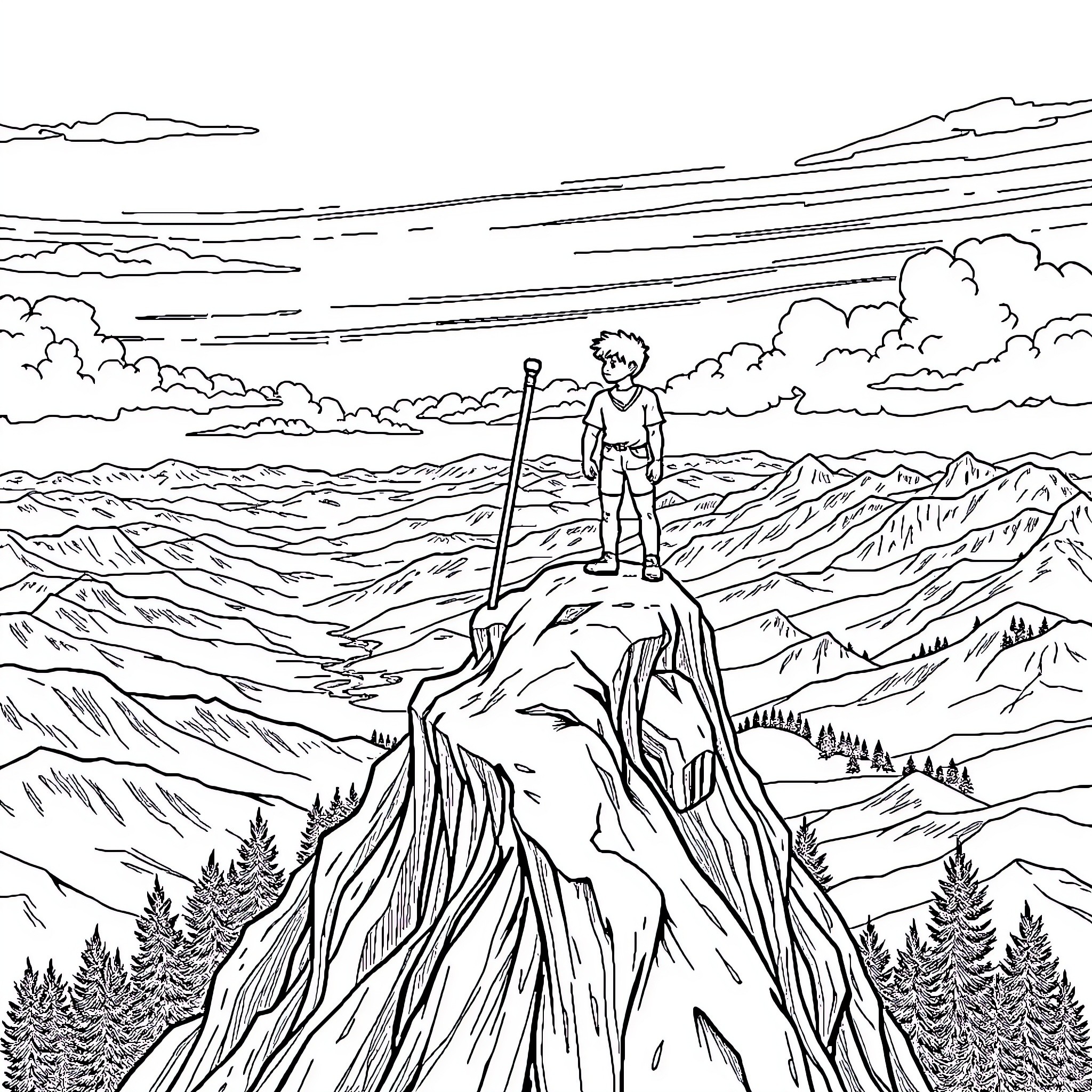 Cane-wielding hiker atop a rugged mountain peak Coloring Page (free black-and-white line drawing printable PDF for all, from beginners to advanced learners, including children, teens, adults, and seniors)