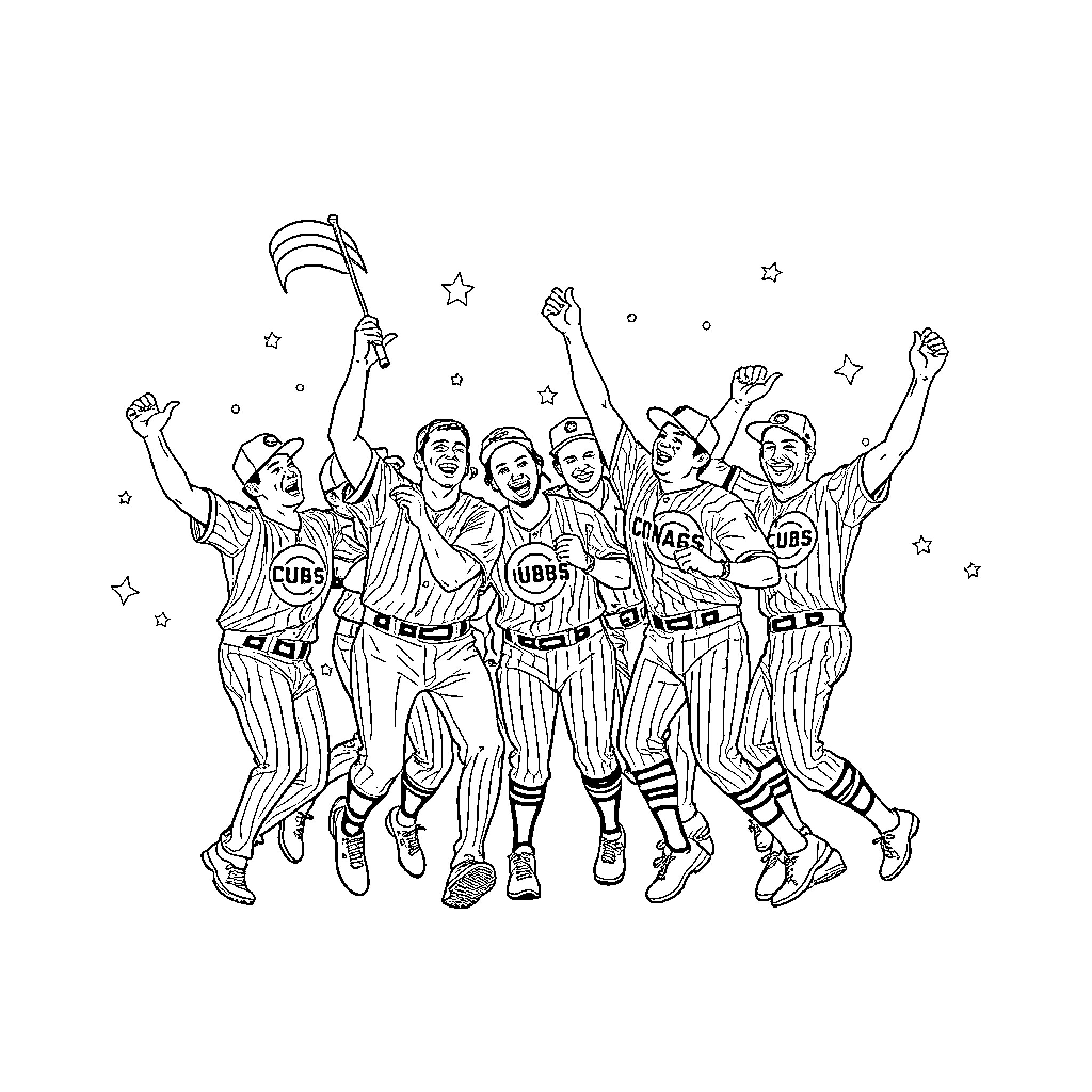 Chicago Cubs players celebrating victory in the game Coloring Page (free black-and-white line drawing printable PDF for all, from beginners to advanced learners, including children, teens, adults, and seniors)