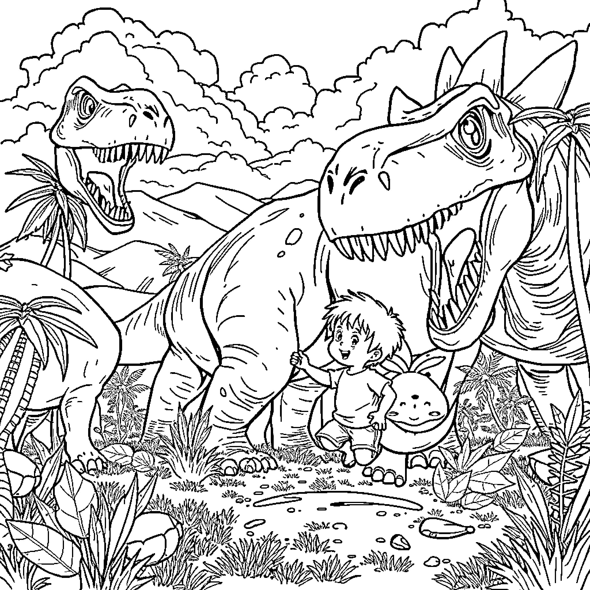 Child exploring prehistoric landscape with dinosaurs Coloring Page (free black-and-white line drawing printable PDF for all, from beginners to advanced learners, including children, teens, adults, and seniors)