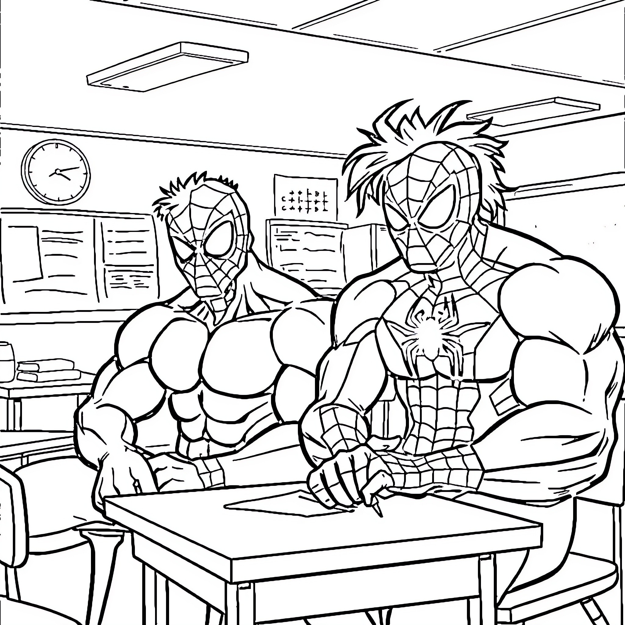 Hulk Spiderman Superheroes Studying in Classroom Coloring Page (free black-and-white line drawing printable PDF for all, from beginners to advanced learners, including children, teens, adults, and seniors)