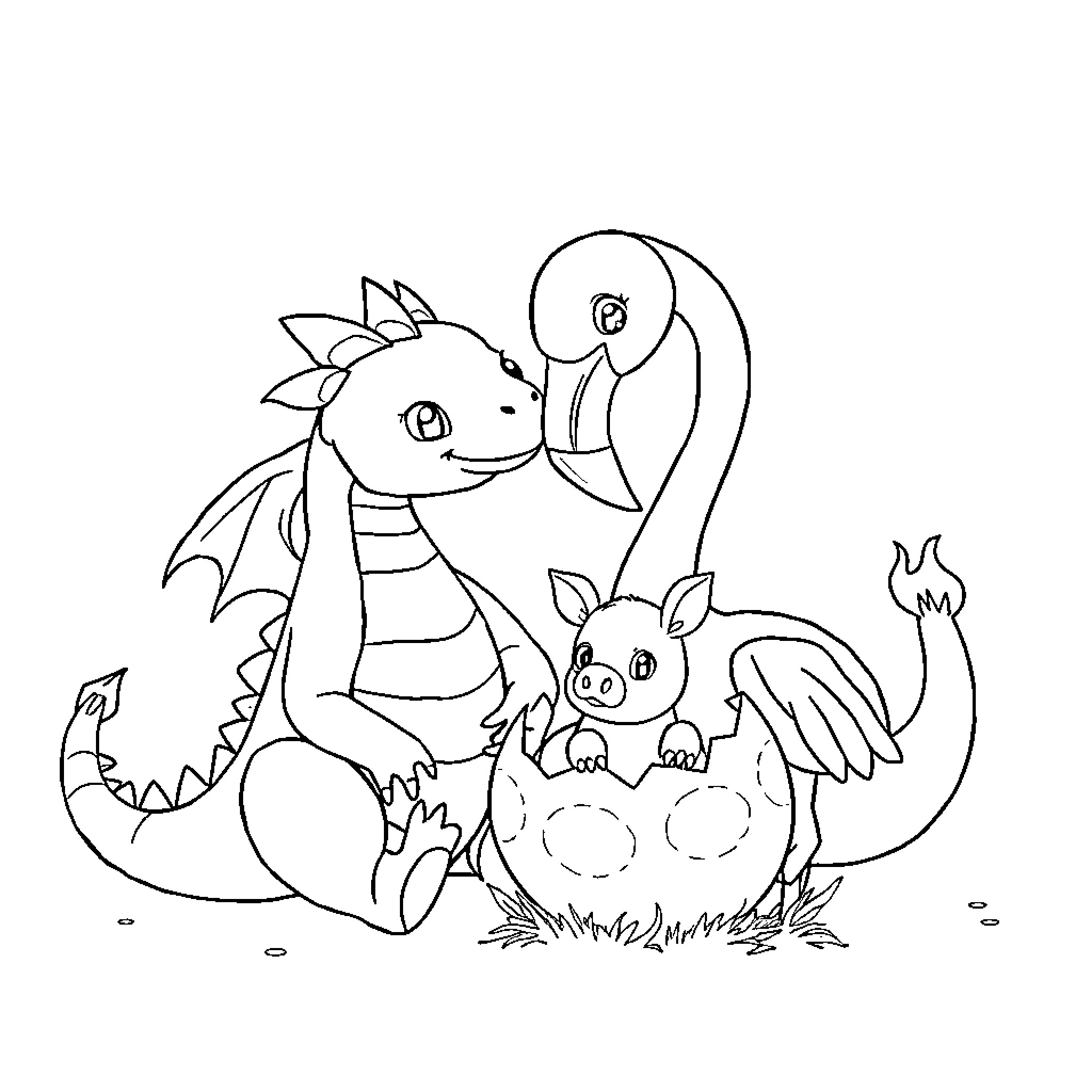 Dragon Hatchlings Exploring the Meadow Coloring Page (free black-and-white line drawing printable PDF for all, from beginners to advanced learners, including children, teens, adults, and seniors)