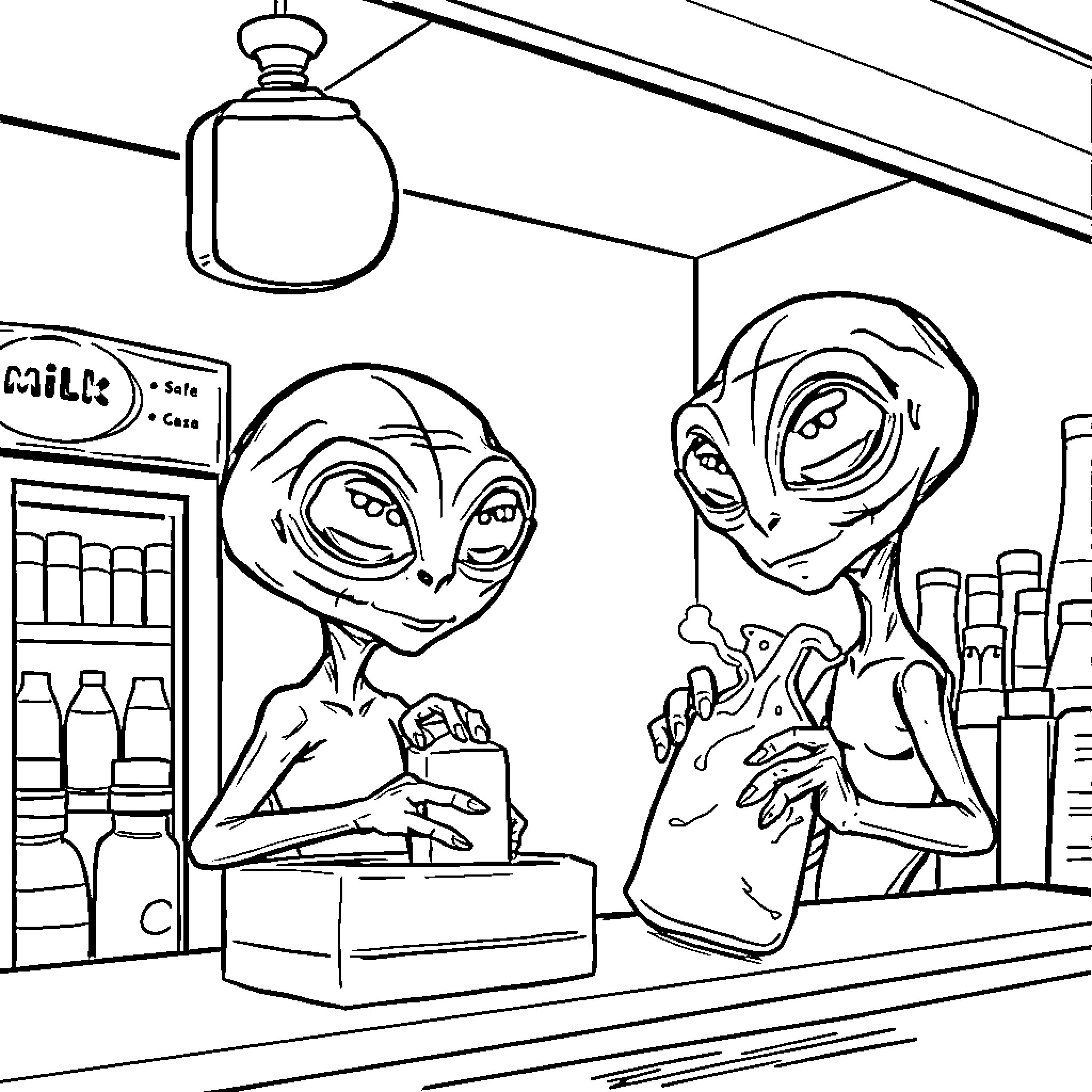 Alien Convenience Store Encounter Coloring Page (free black-and-white line drawing printable PDF for all, from beginners to advanced learners, including children, teens, adults, and seniors)