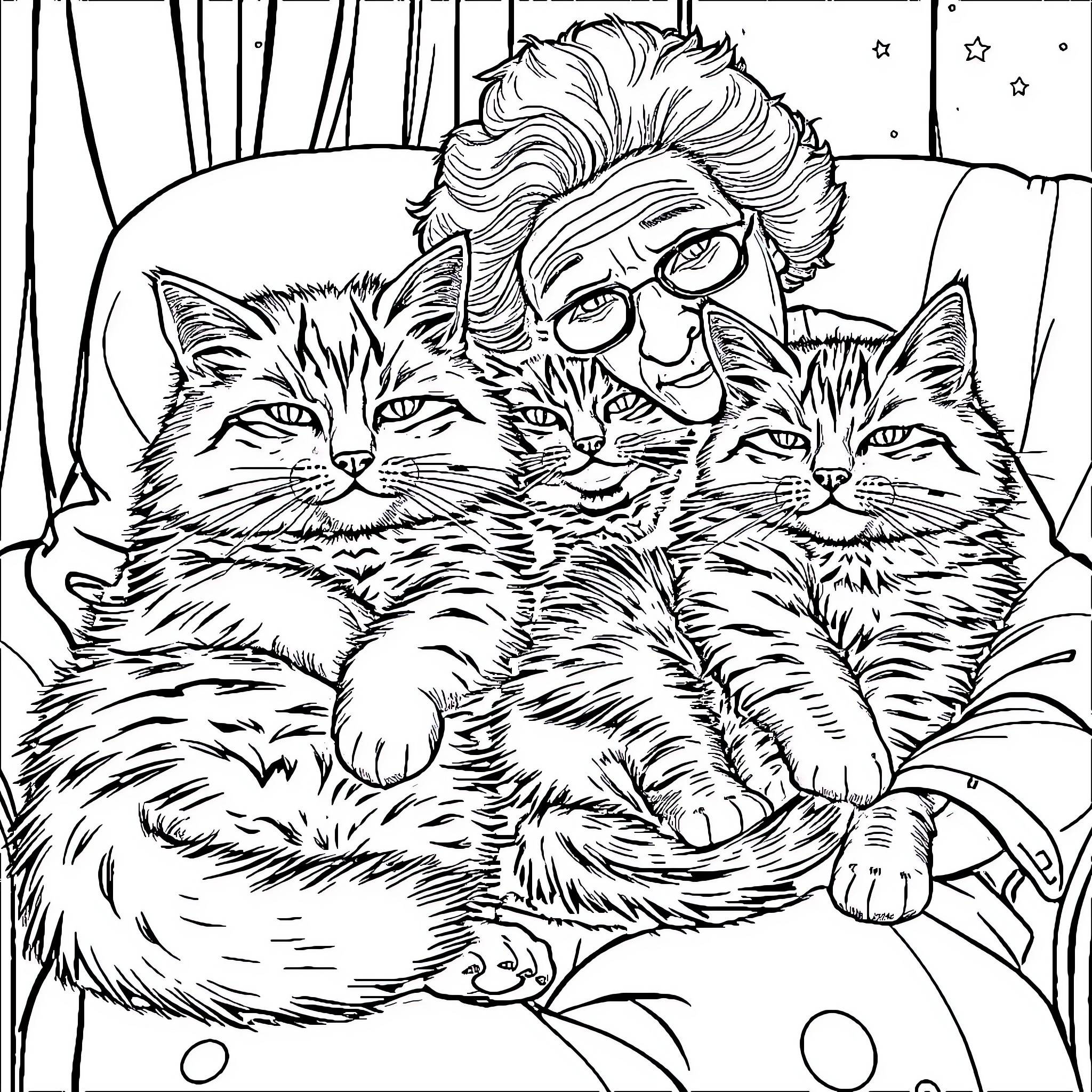 Cat Cozy Companions Cuddling Contentedly Coloring Page (free black-and-white line drawing printable PDF for all, from beginners to advanced learners, including children, teens, adults, and seniors)
