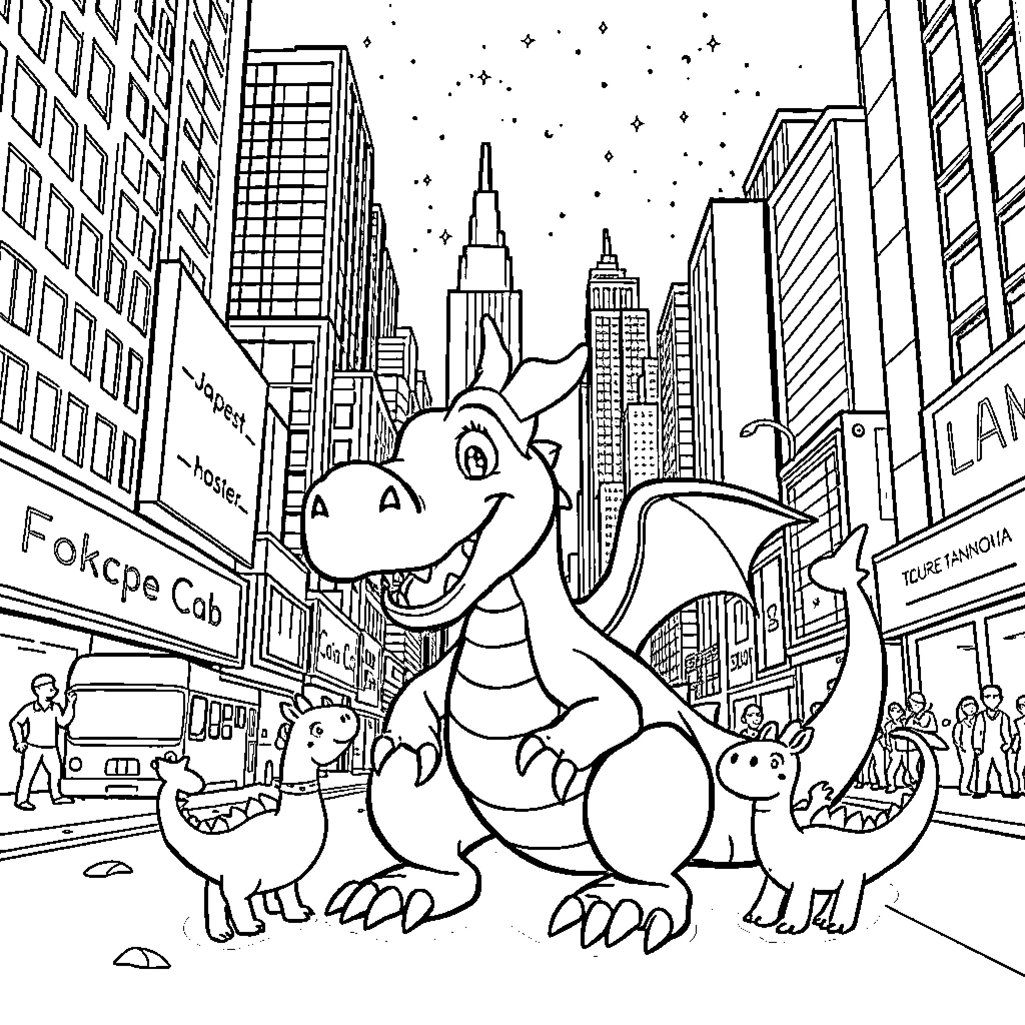 Dragon Exploring the Vibrant City Skyline Coloring Page (free black-and-white line drawing printable PDF for all, from beginners to advanced learners, including children, teens, adults, and seniors)