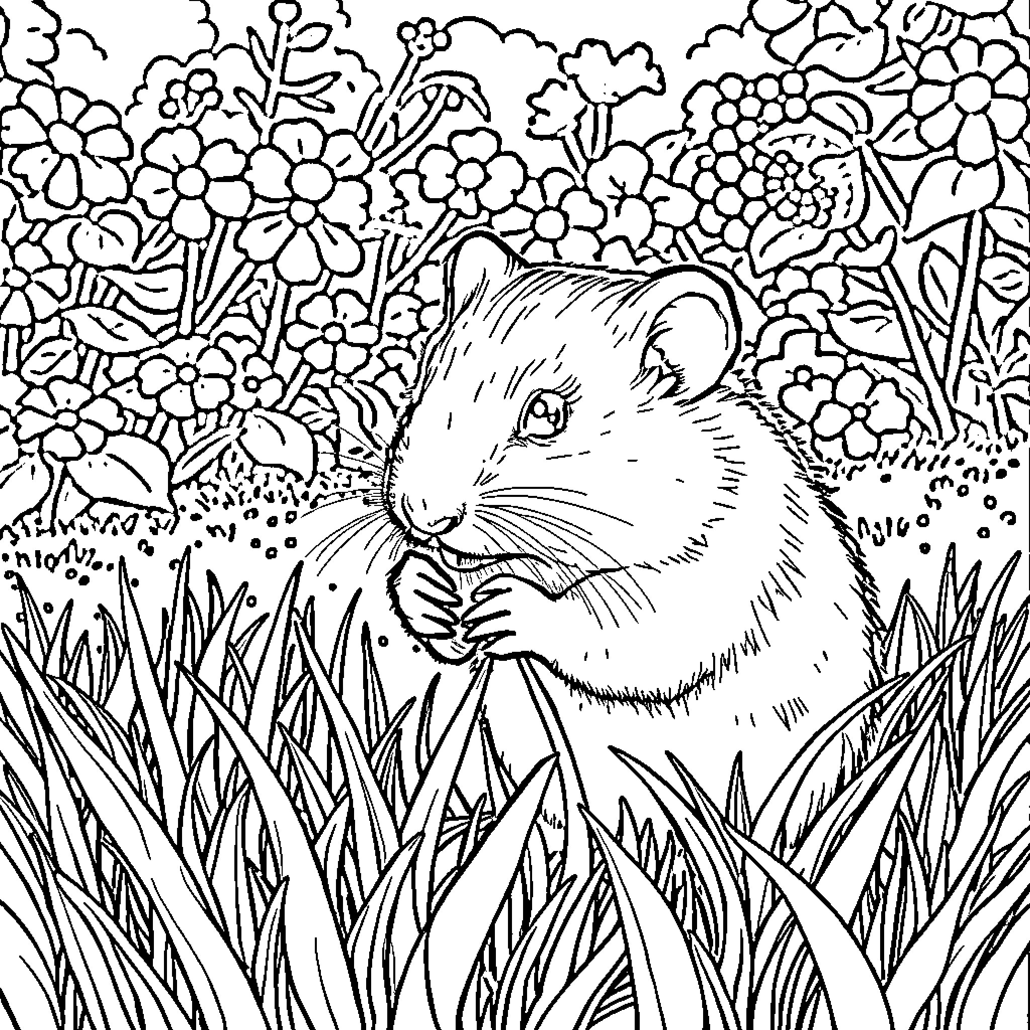 Hamster exploring a lush floral garden Coloring Page (free black-and-white line drawing printable PDF for all, from beginners to advanced learners, including children, teens, adults, and seniors)