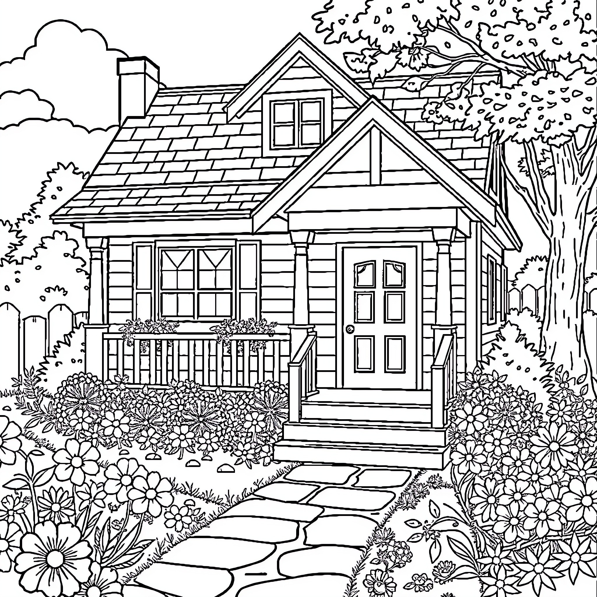 House in a Blooming Garden Landscape Coloring Page (free black-and-white line drawing printable PDF for all, from beginners to advanced learners, including children, teens, adults, and seniors)