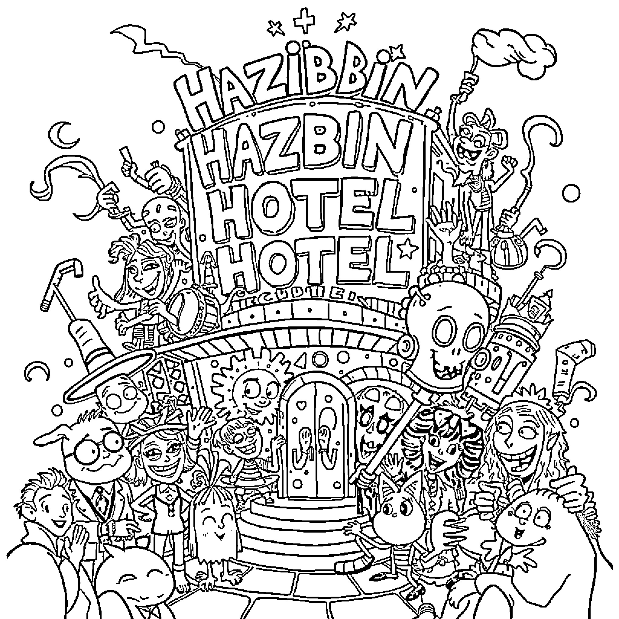 Hazbin Hotel - Whimsical and Eccentric Characters Gather Coloring Page (free black-and-white line drawing printable PDF for all, from beginners to advanced learners, including children, teens, adults, and seniors)