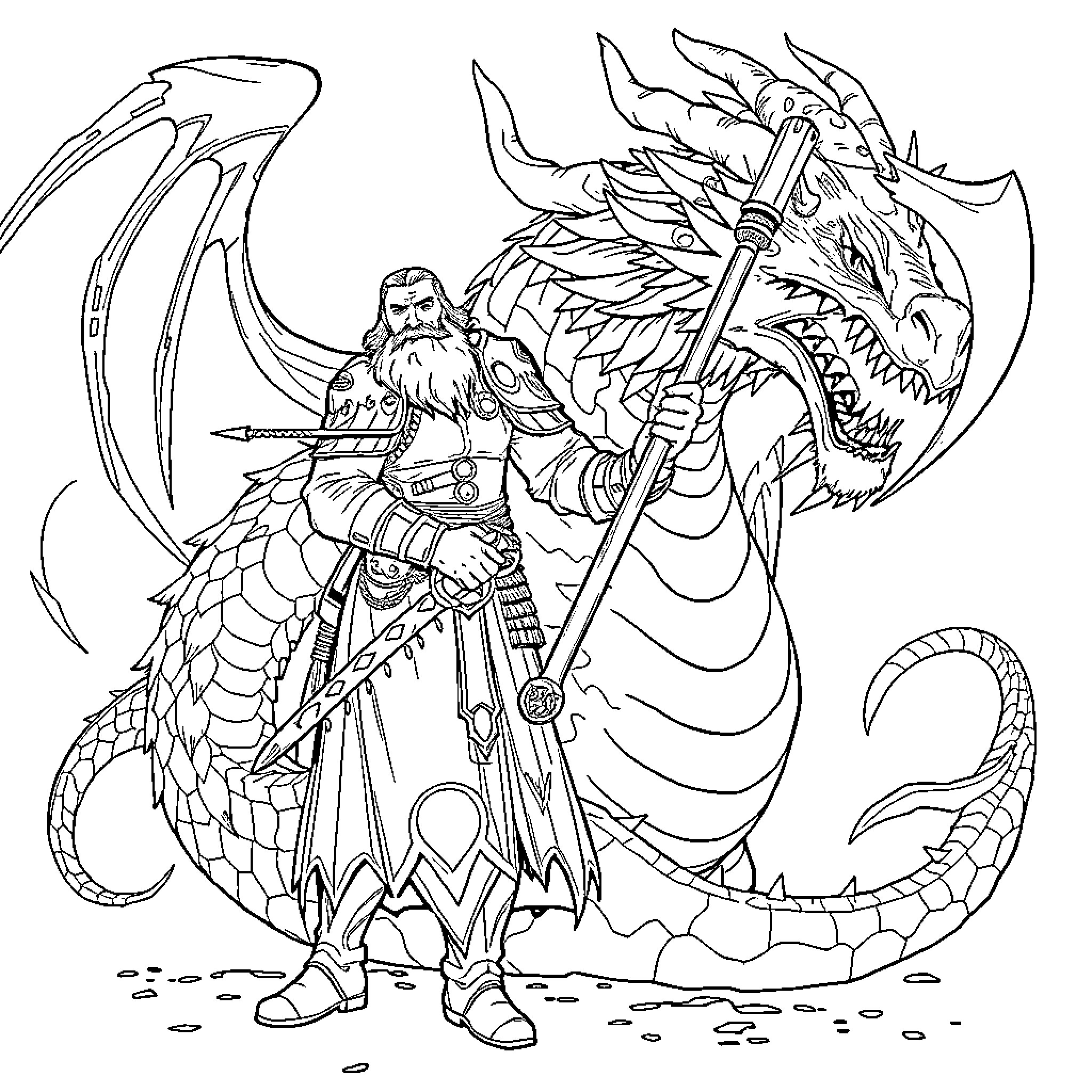 Bearded Man battling a fierce dragon with a spear Coloring Page (free black-and-white line drawing printable PDF for all, from beginners to advanced learners, including children, teens, adults, and seniors)