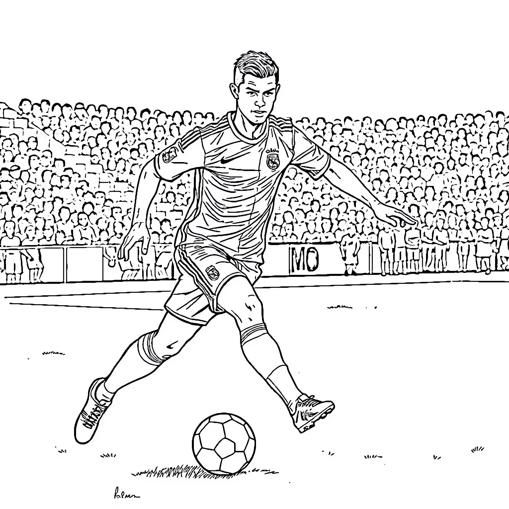 Cristiano Ronaldo Dribbling Skillfully on the Football Pitch Coloring Page (free black-and-white line drawing printable PDF for all, from beginners to advanced learners, including children, teens, adults, and seniors)
